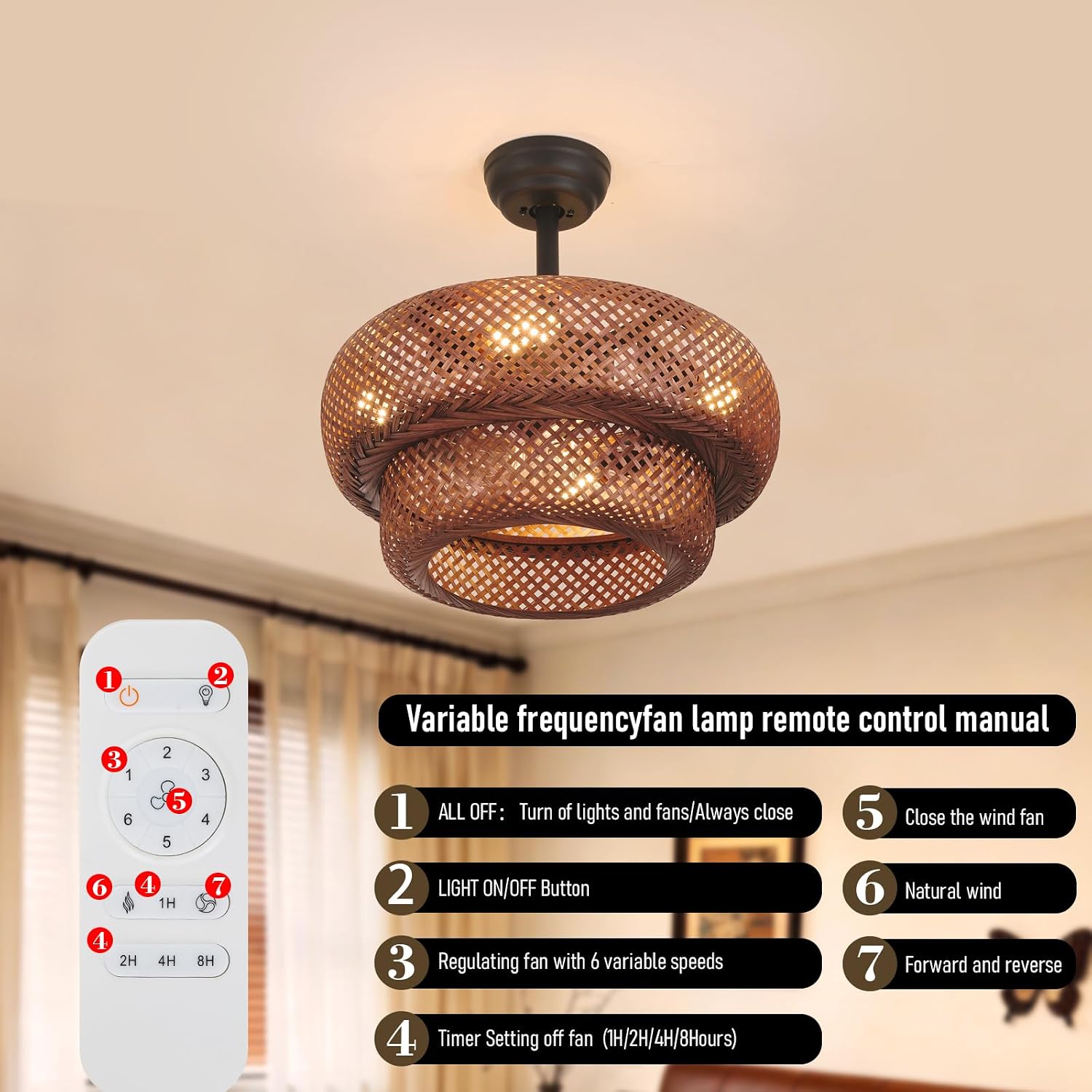 19.7" Boho Caged Fandelier with Lights 4-Light Bamboo Ceiling Fan with Lights and Remote Control,Enclosed 6 Speeds Low Profile Curry Rattan Fan Light for Bedroom Living Room Kitchen