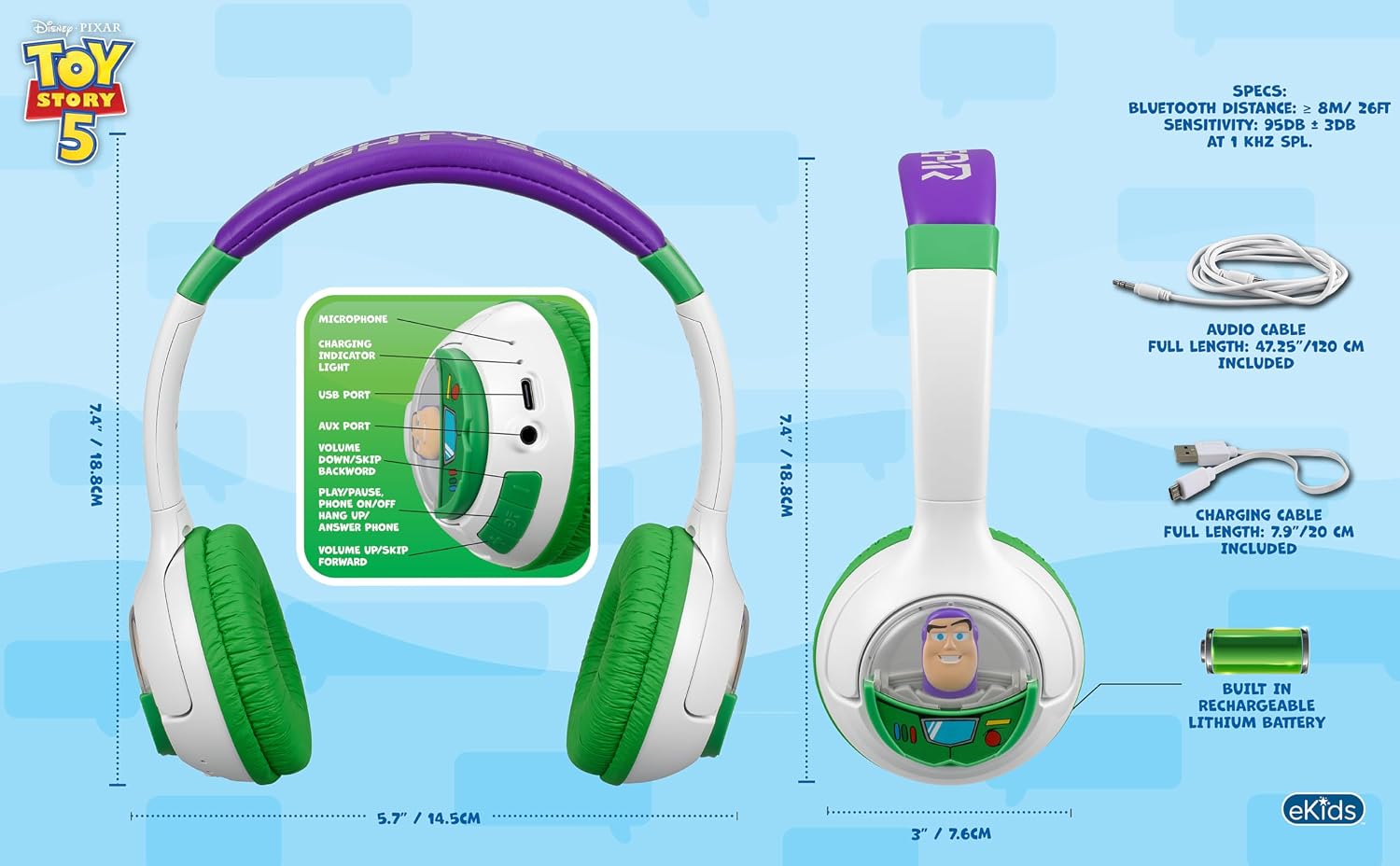 Toy Story 5 Buzz Lightyear Bluetooth Headphones for Kids, Wireless Headphones for School, Home or Travel