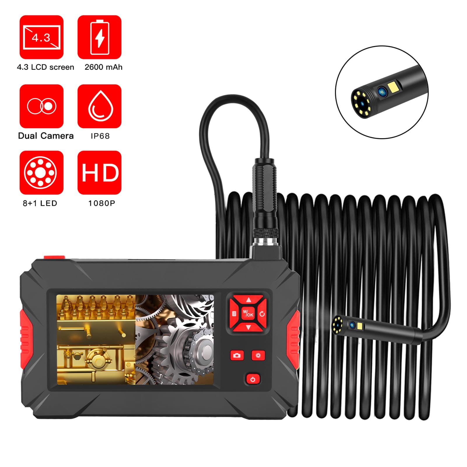 Shkalacar Przemysłowa kamera endoskopowa inspekcyjna z 8 mm wodoodporną podwójną kamerą IP68, wyświetlacz LCD 4,3", 8 + 1 diod LED, przewód stały 5 m, do rurociągów przemysłowych