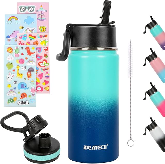 IDEATECH Kids Water Bottles, Water Bottles with Straw 450ML, Kids Water Bottles for School Drinks Bottle for 12 Hours Hot & 24 Hours Cold Sports Water Bottle, Water Bottle Kids for School - 2 Lids