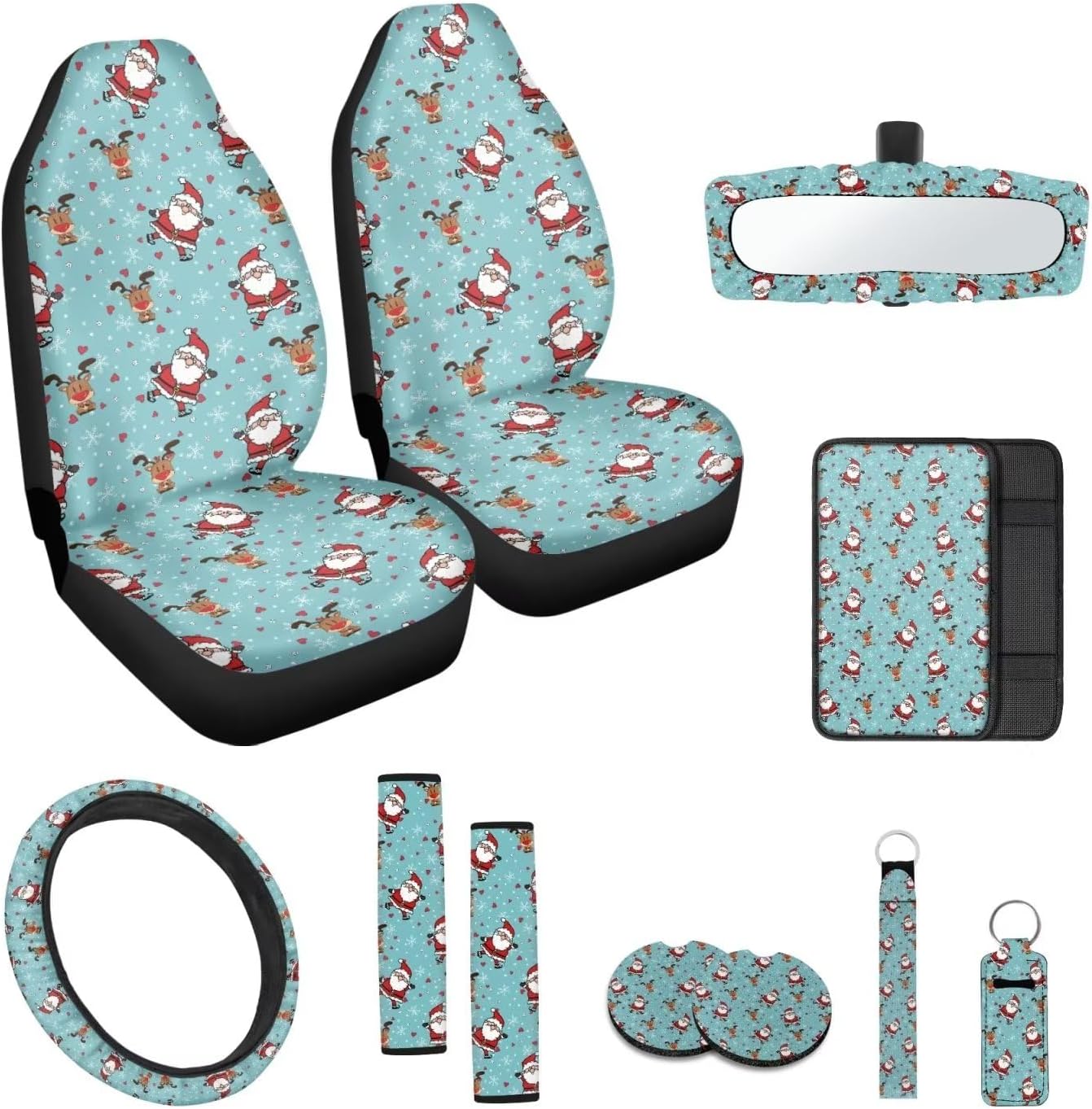 Suobstales Santa Claus Print Car Front Seat Cover Christmas Decoration Steering Wheel Covers, Deer Snowflake Seatbelt Cover, Armrest Pad, Cup Coasters, Rearview Mirror Cover, Keychains, Pack of 11