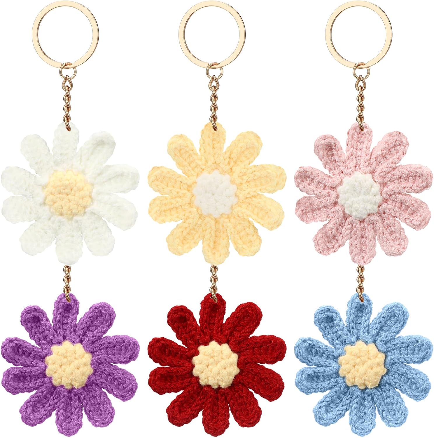 Sureio 6 Pcs Crochet Daisy Keychain Cute Daisy Wallet Purse Accessories Flower Bag Charms for Women Handmade Floral Keyring Decor Gifts Purse Accessories