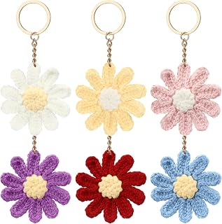 Sureio 6-Pack Handmade Crochet Daisy Keychains - Cute Floral Bag Charms, Purse Accessories & Keyring Gifts for Women