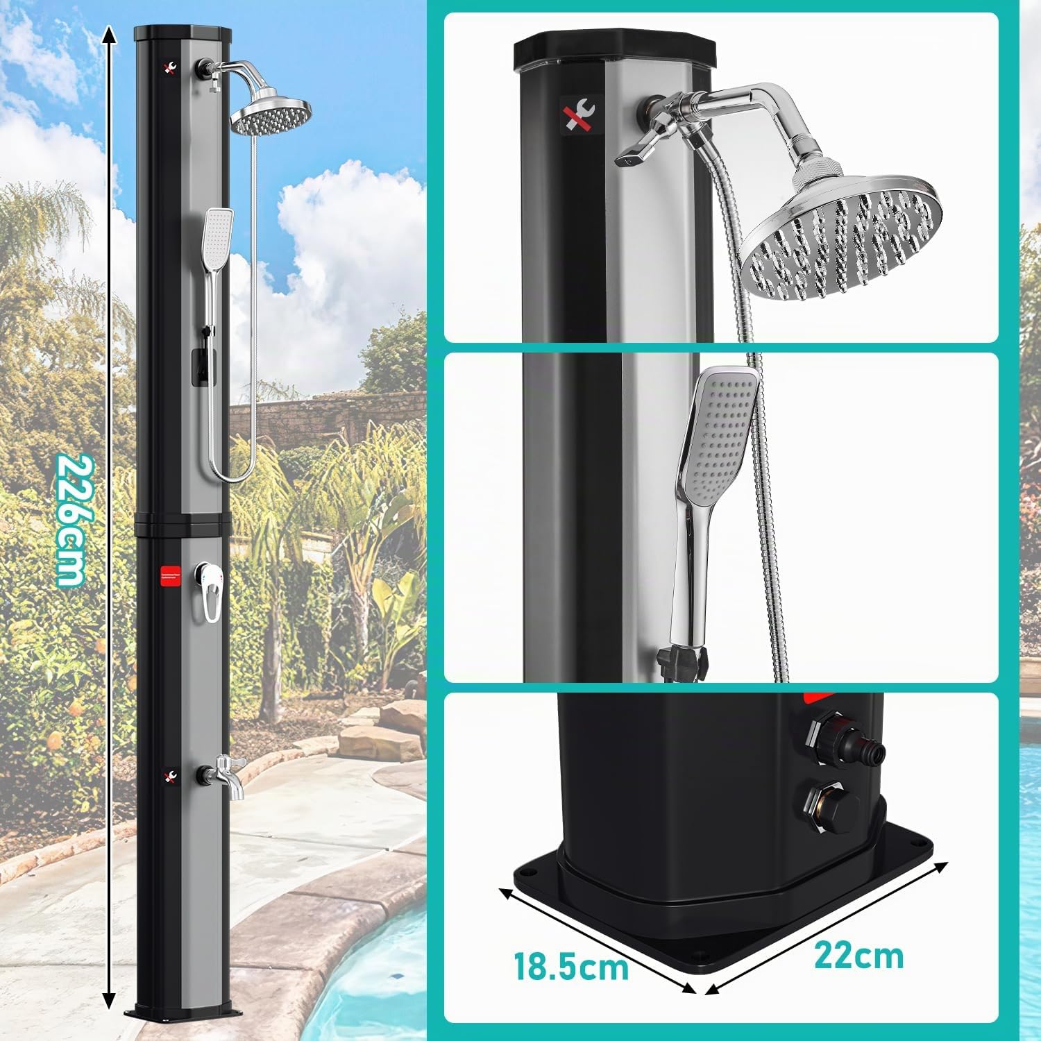 Eulenke Douche Solaire Piscine 60 litres INCL Capot de Protection et Douchette à Main, Maximum 60°C, Douche Camping avec Douche de Pied et pommeau de Douche Rond, Douche Exterieur Argent et Noir