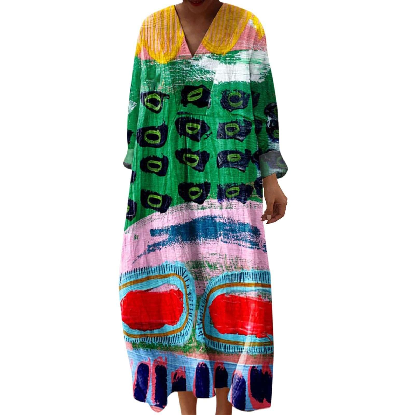 Summer Dresses for Women UK Plus Size Linen Italian Dress Boho Ethnic Print Long Short Sleeve V Neck Kaftan Cotton Casual Tunic Petite Italy Ladies Holiday Beach Clothes Sun Dress with Pockets