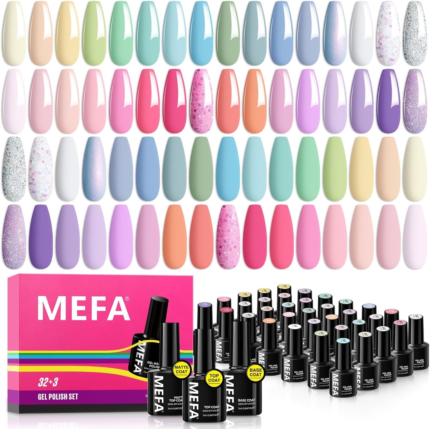 MEFA35Pcs Pastel Gel Nail Polish Set, 32 Colors Macaron Gel Nail Polish Kit with Base Coat No Wipe Glossy& Matte Top Coat Pink Yellow Purple Nail Art Manicure DIY Salon Home Gifts for Women Girl