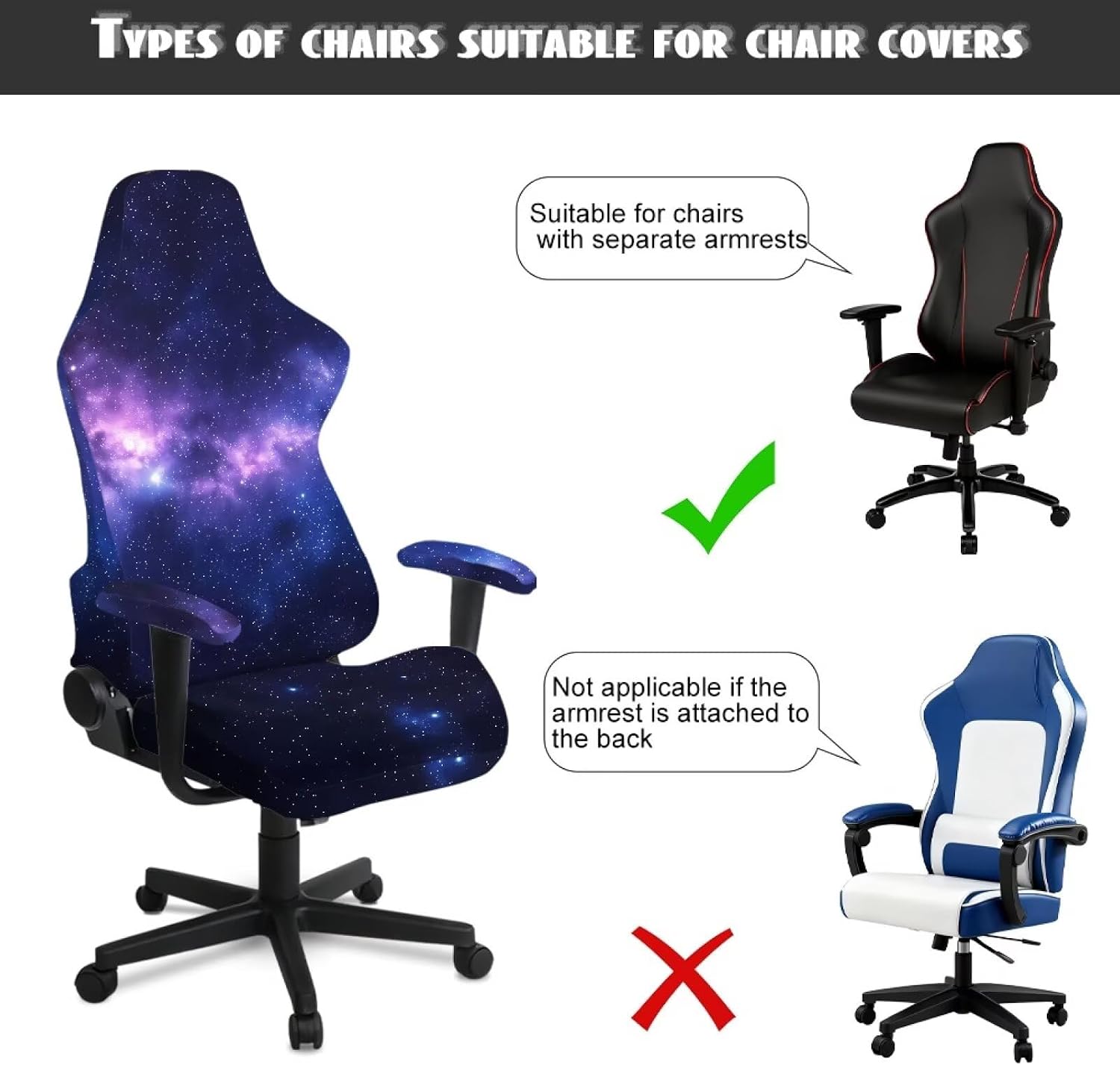 Galaxy Game Chair Cover 4-Piece Game Chairs Protector Cover Fits PC/Office Recliners Soft Furniture Protector Anti-Scratch & Washable for Gamer/Work
