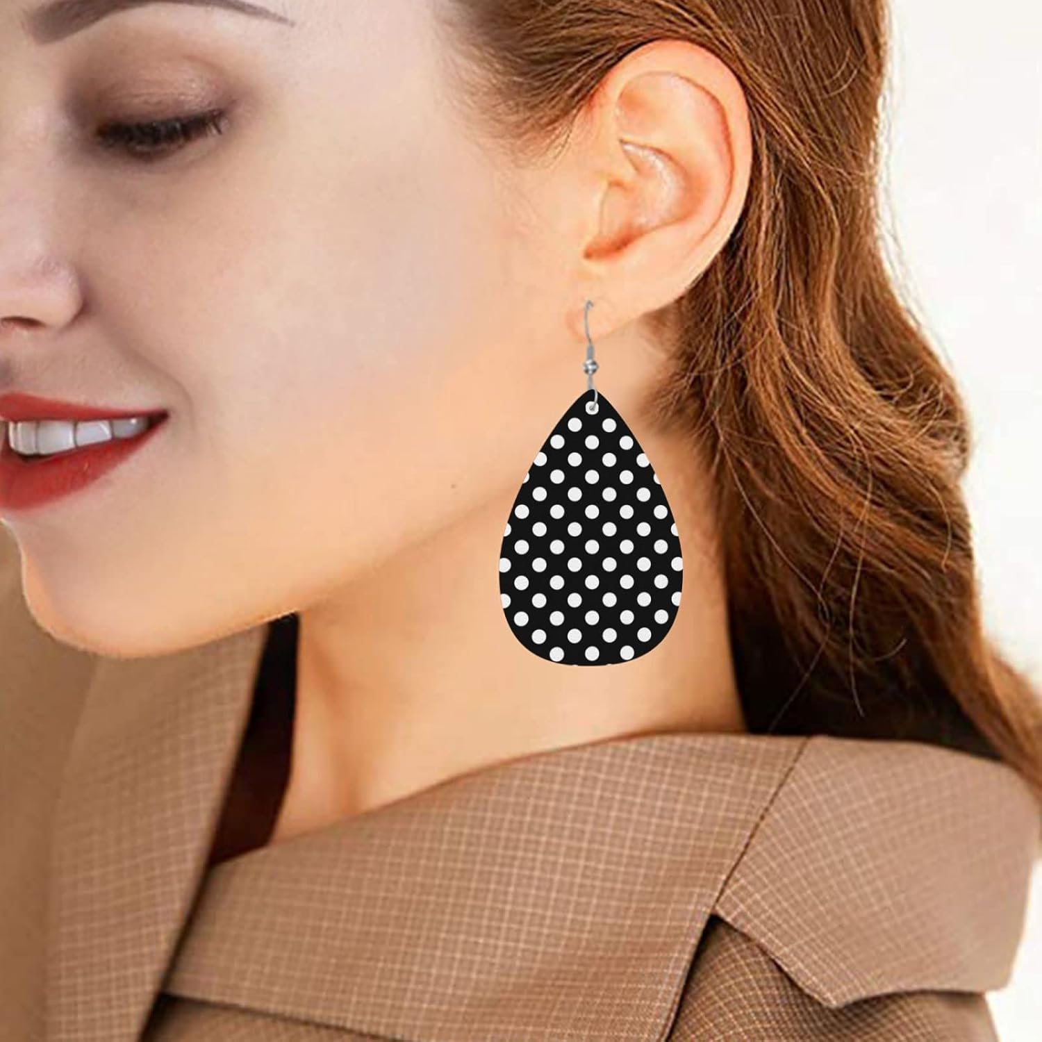 Black White Polka Dot Faux Leather Earrings For Women Lightweight Teardrop Dangle Earrings Gift - Image 6