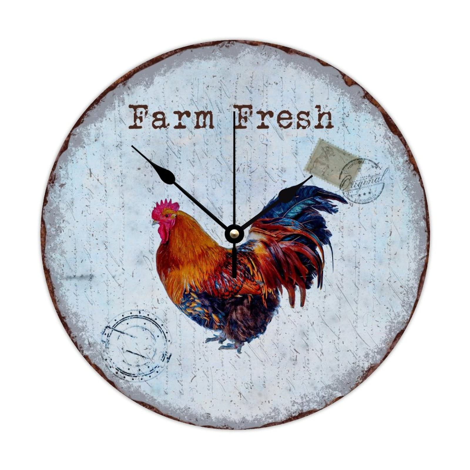 Horloge murale en bois rétro chic avec motif coq pour cuisine 38x38 cm