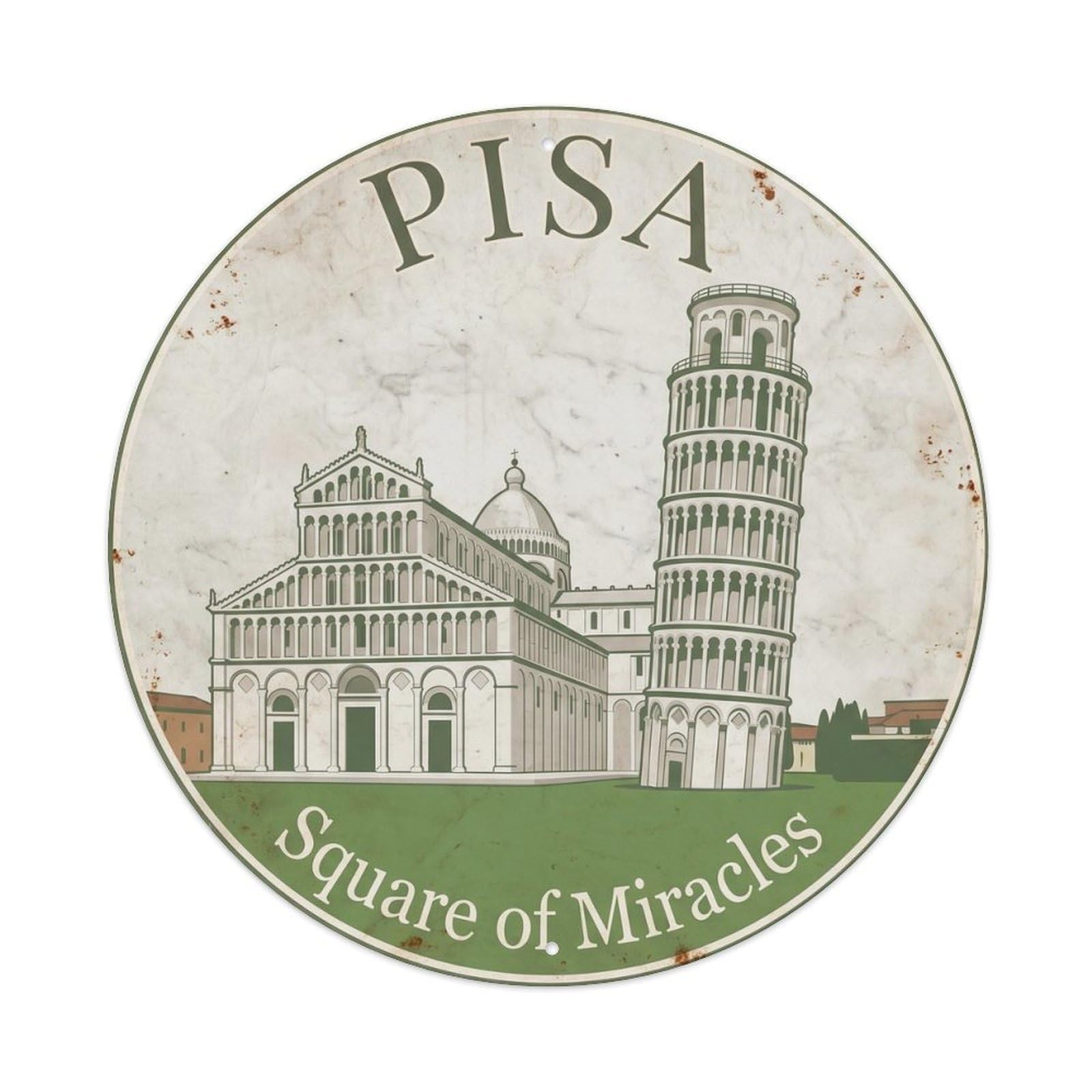 Vintage Travel Pisa Cathedral Square Metal Tin Sign Plaque Wall Decor for Cafe, Club, Garden Round Metal Poster 8x8Inch
