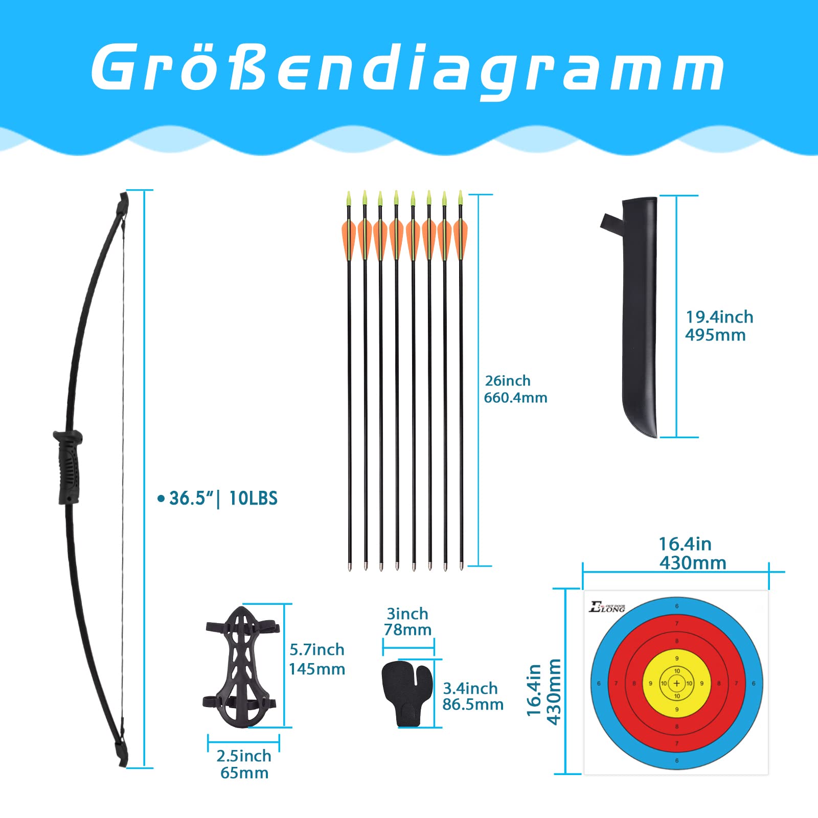 Elong Recurve Bogen und Pfeil Set Outdoor Jugend Junior Bogenschießen Anfänger Training beinhaltet 8 Pfeile, Armschutz, Köcher, Zielfläche, Fingerlasche
