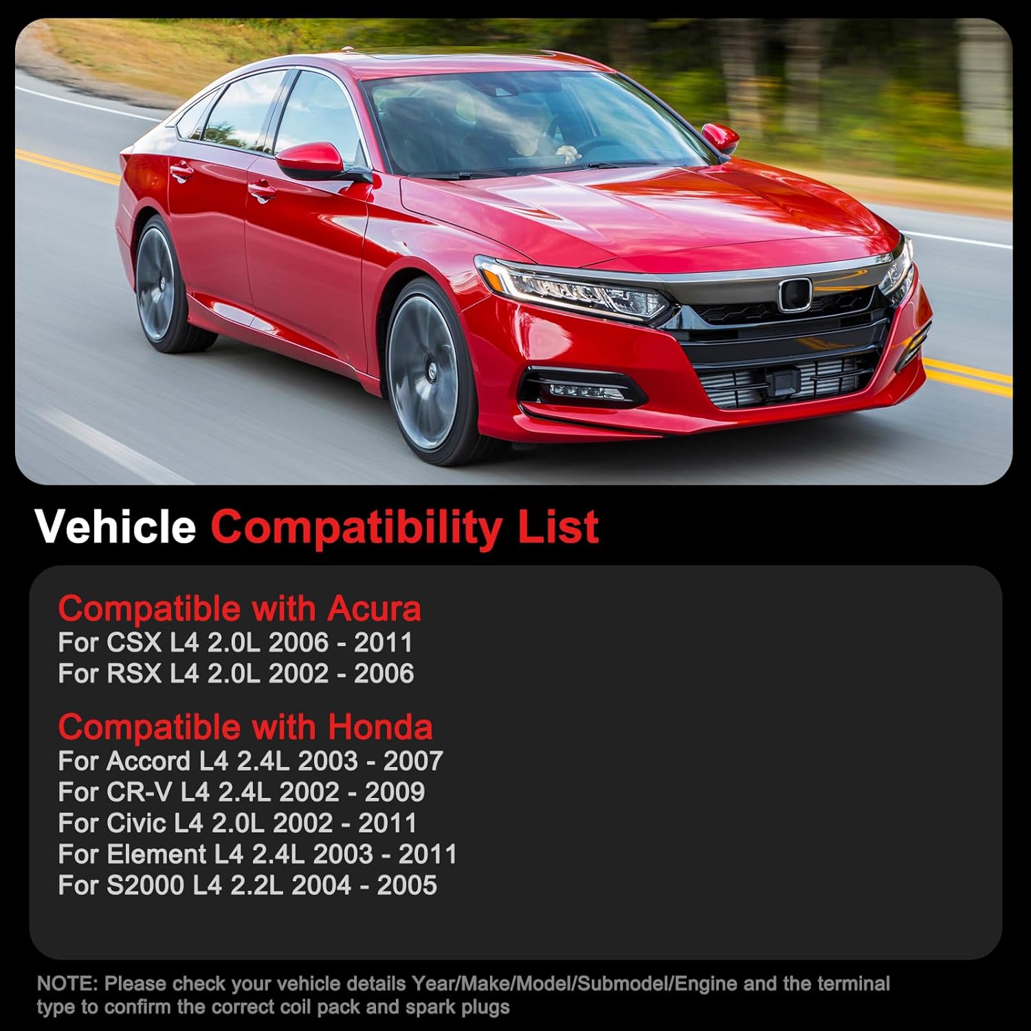 Ignition Coil Pack Iridium Spark Plugs Fits for Honda Civic 2.0L 2002-2011, Accord 2.4L 2003 2004 2005 2006 2007, CR-V 2.4L 2002-2009, Element 2002-2011 Replaces# UF311 9807B Set of 4