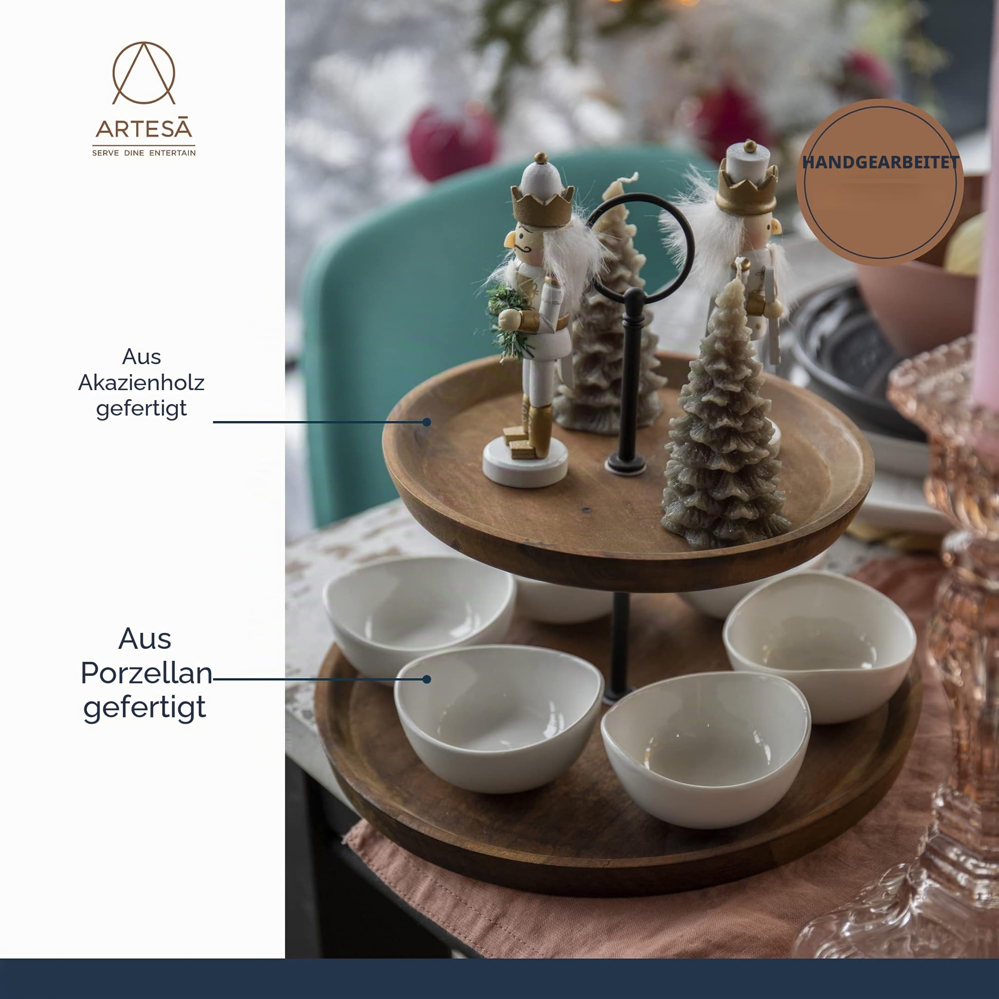 Artesà 2-stöckige Tapas- und Speisenständer, Speisenständer mit 6 Mini-Porzellanschalen, Kuchenständer aus Holz und Handarbeit in Geschenkbox, 24 x 25 cm, Braun & Schwarz