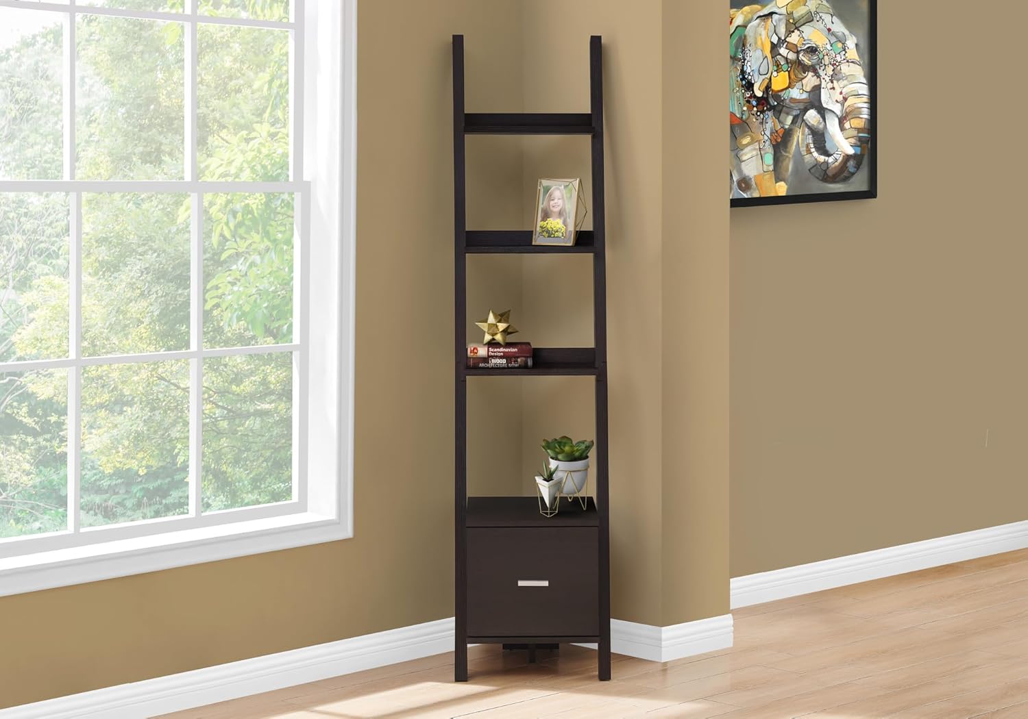 69" H Leaning Ladder Shelf with 3 Fixed Staggered Shelves and 1 Drawers,4-Tier Slanted Display Shelf with Brown Laminate,Ladder Bookshelf for Living Room,Bedroom (Style-01)