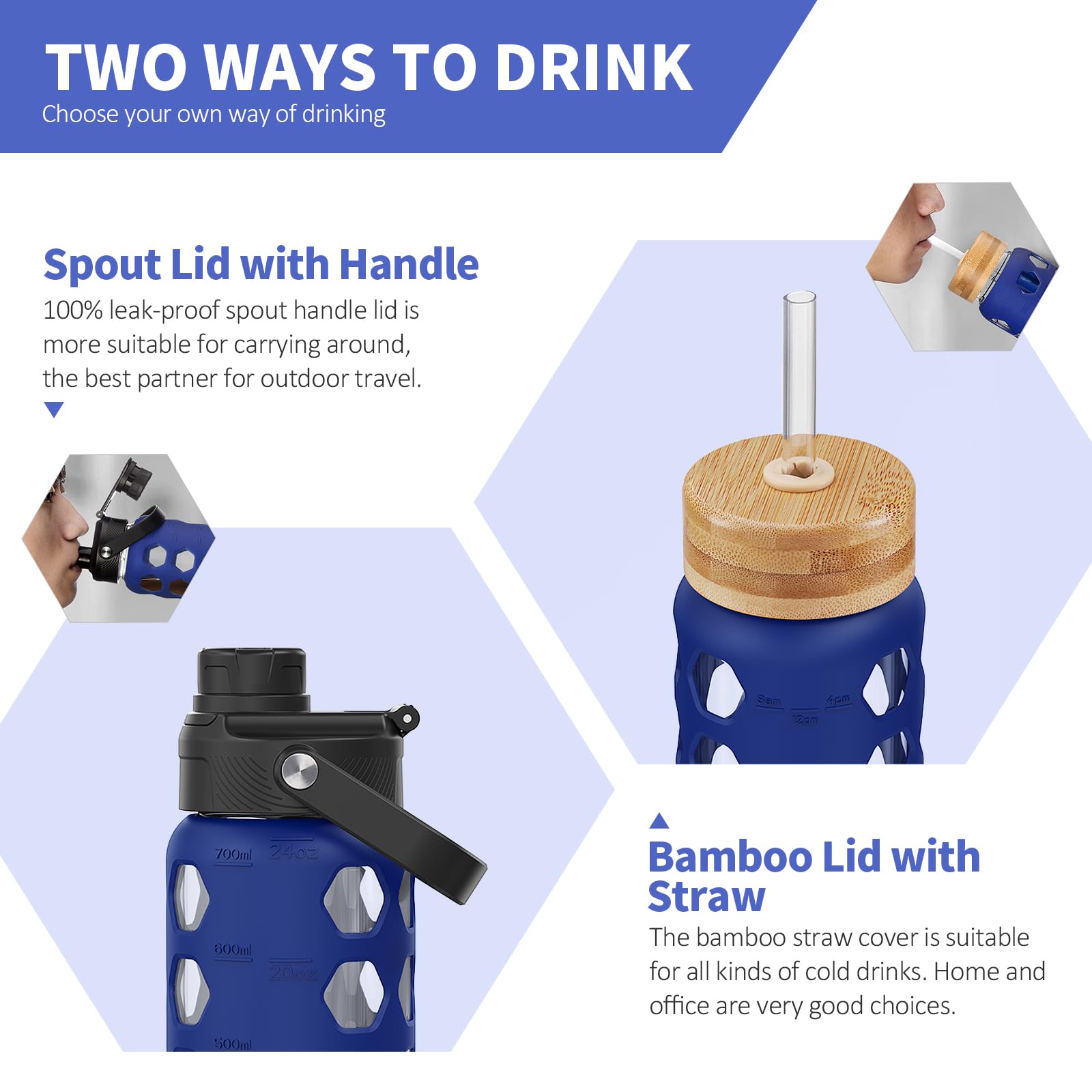 HYDRAGLAZIC 700ML Glass Water Bottle with 2 Flip and Bamboo Straw Lids Sports Water Tumbler with Time Reminder and Silicone Sleeve Leak-proof BPA Free - Image 2