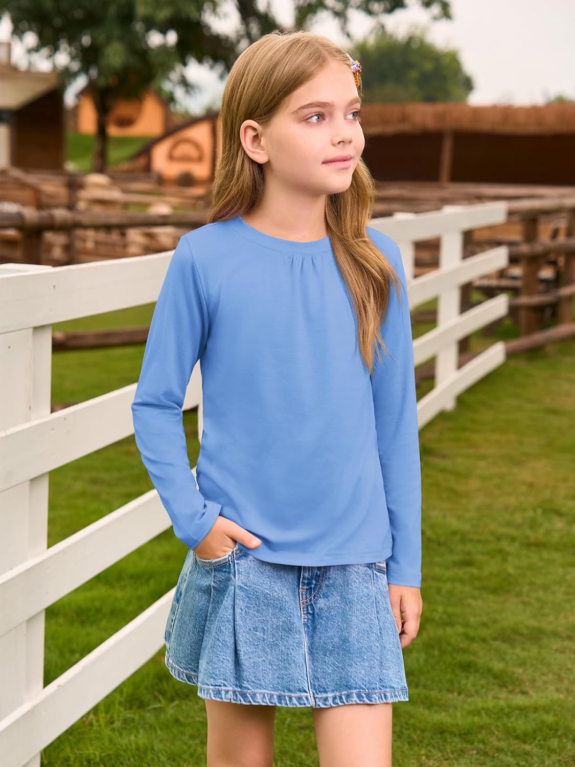 Haloumoning Girls Long Sleeve Tees Kids Casual Crewneck Pleated T Shirts Cute Fall Tops 5-14 Years - Image 3