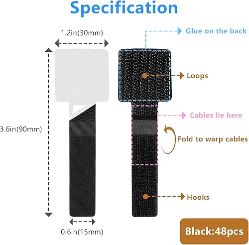 Miniatura 3 de Organizador de cables de escritorio, organizadores de cables para cables, 48 bridas autoadhesivas negras con parte trasera adhesiva, correas de