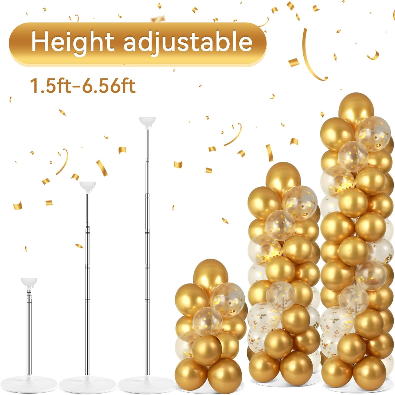 2 Sets Metallic Gold Balloon Column Stand Kit with 100 Balloons Adjustable Balloon Tower Stand with Bases for Floor Gold Confetti Balloons Column Kit for Shower Birthday Wedding Back to School Party
