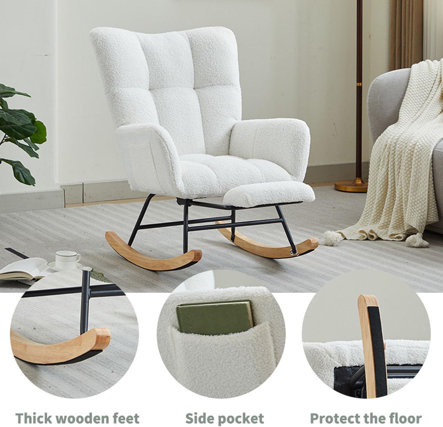 Modern Nursery Rocking Chair w/Retractable Footrest,Upholstered Glider Recliner with High Backrest and Wood Legs,Teddy Accent Armchair for Nursery,Bedroom Living Room (White)