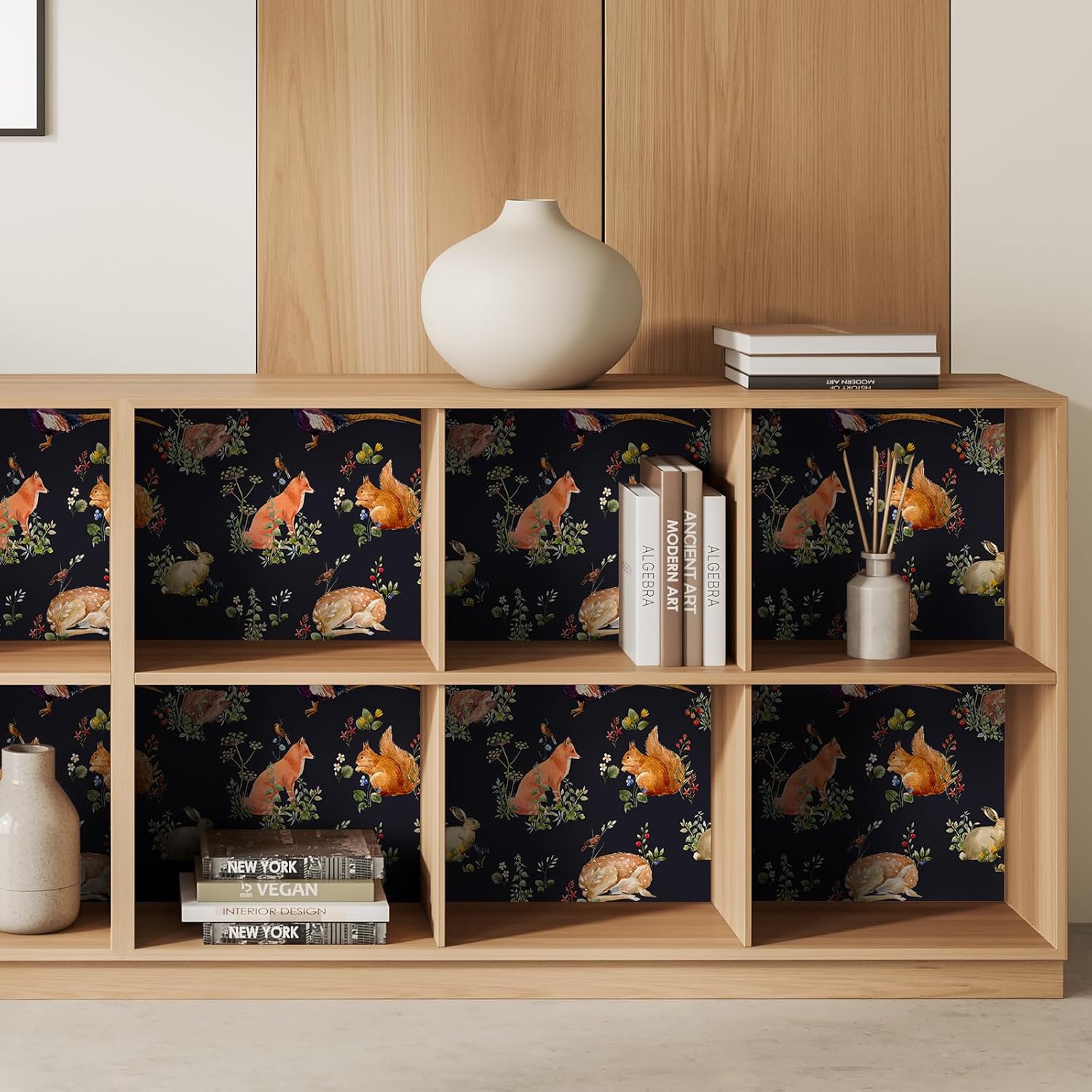 Black Animal Floral Wallpaper Peel and Stick Rabbit Fox Squirrel Deer Hedgehog Wallpaper for Bedroom Forest Wildflowers Animal Contact Paper, Self Adhesive, Removable, Vivid, Dark, 12"x118"