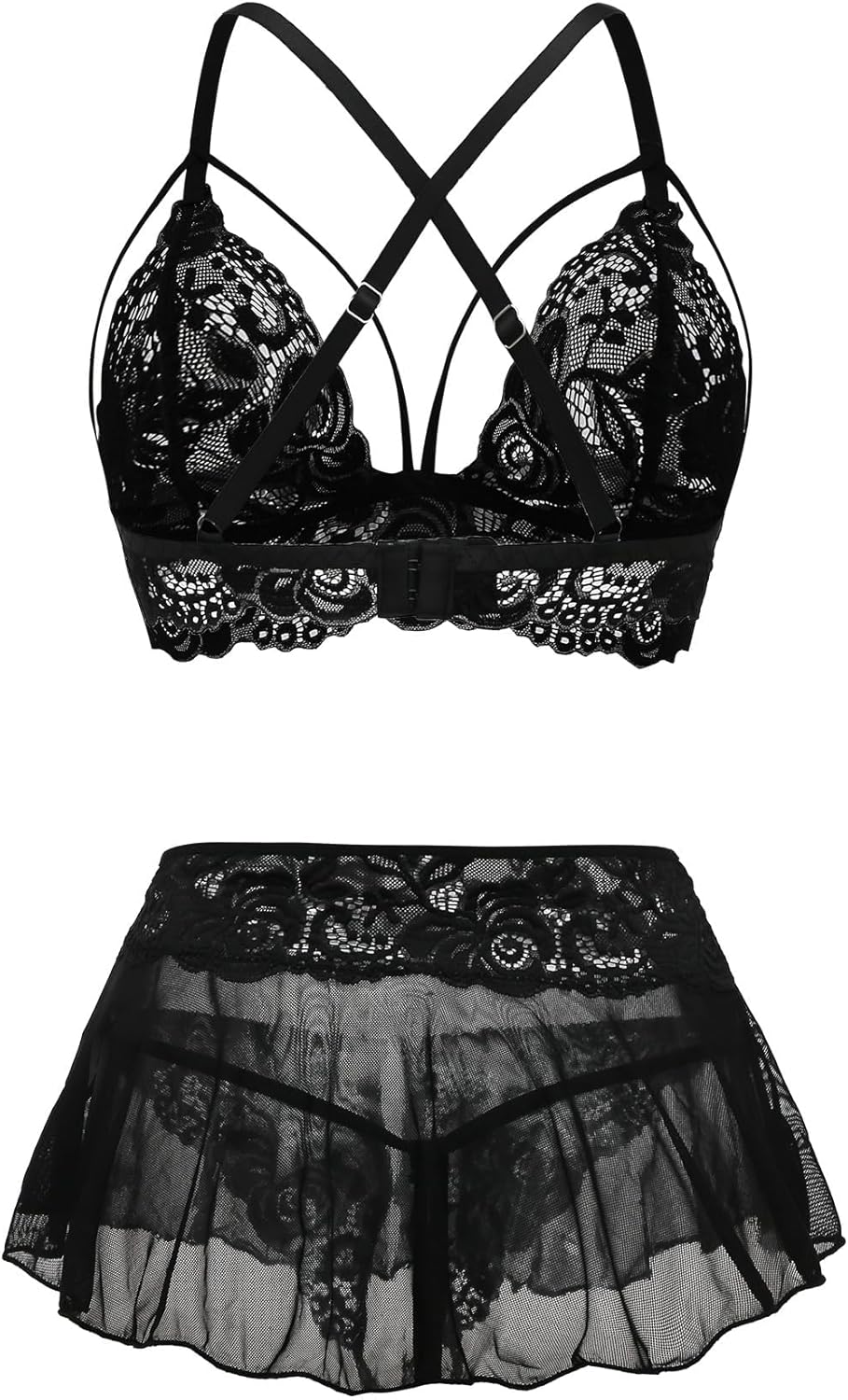 Lilosy Sexy Strappy Bralette Mini Skirt Floral Lace Mesh Sheer with Thong Otufits Lingerie Set 3 Piece - Image 5