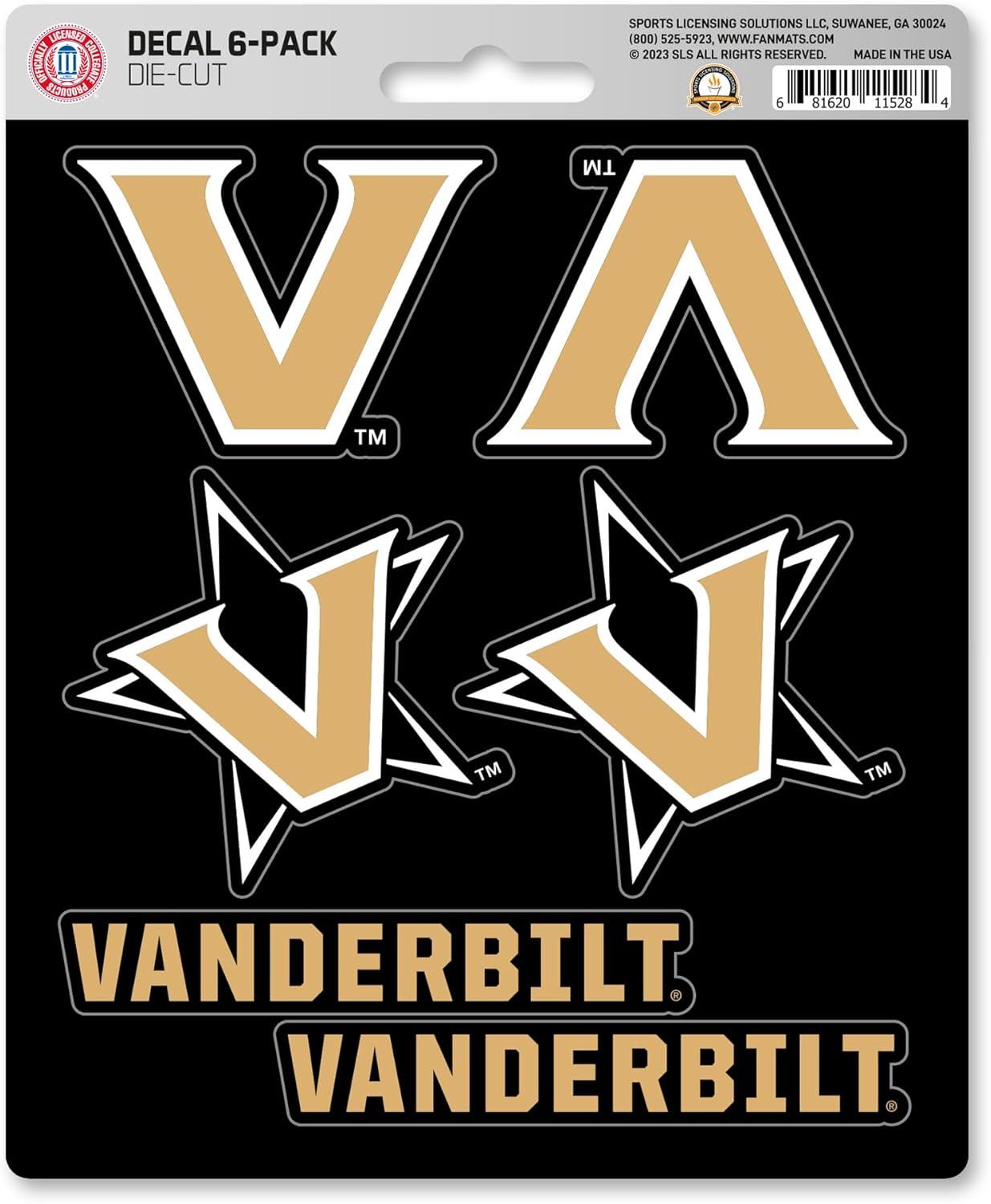 FANMATS 39837 Vanderbilt University Decal 6-pk - Works On Hard Surfaces - for Homes, Cars, Trucks, SUVs, Personal Items, Laptops, Cell Phones | Black | 5” x 6.25” | 6 Various Logos/Wordmark