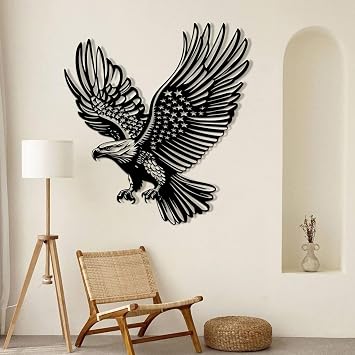 Metal Eagle American Flag Wall Decor, Metal Bald Eagle Wall Art, Metal Eagle Wall Decor, Eagle Metal Art, Wall Decor for Living Room, Patriotic Gift (Black, 17 x 19 / 43 x 47 cm)