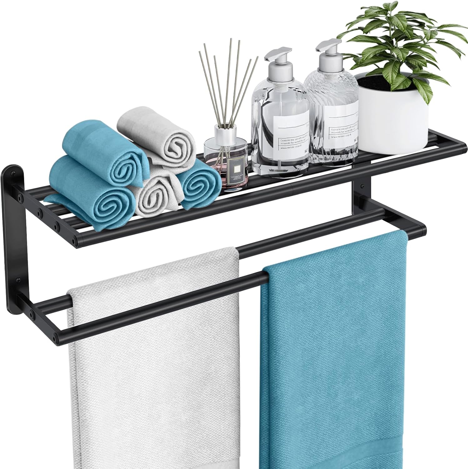 Towel Racks for Bathroom - 24 in Bath Towel Shelf with Double Towel Bar, Stainless Steel Towel Storage for Lavatory Wall Mounted, 2-Tier Towel Hanger Towel Holder, Matte Black