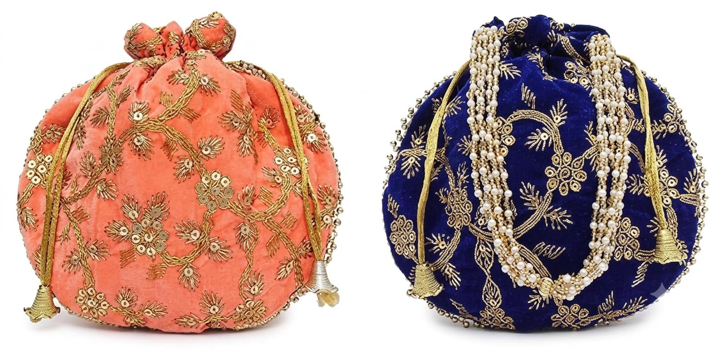 JDDCART Wedding gifting potli combo set of 2 || stylish shagun potli in velvet feel floral design fabric with sequins design of flower pattern (Peach, Gold, Navy Blue)-picture-41