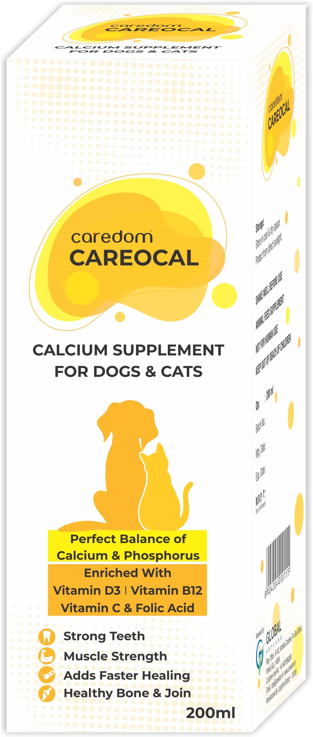CAREOCAL | Calcium Syrup for Dogs & Cats | Enriched with Calcium, Phosphorus, Vitamin D3, B12, C & Folic Acid | Healthy Bone & Joints | Strong Teeth (200 ML)