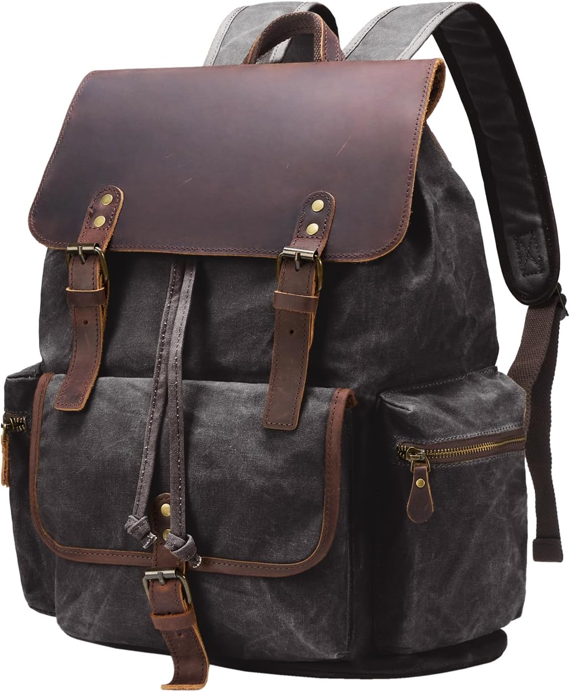 Vintage Waxed Canvas Backpack Casual Genuine Leather Laptop Rucksack Shoulder DayPack for Travel/Hiking/School