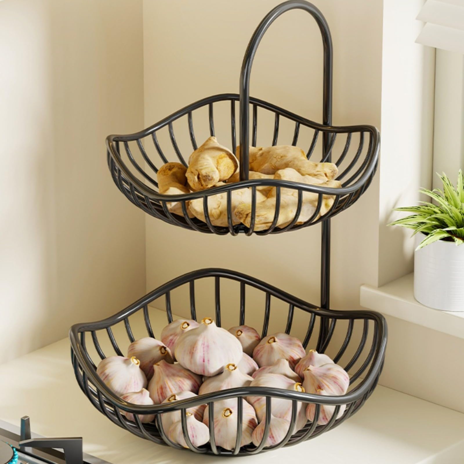 Ciotola per frutta a 2 ripiani, per bancone della cucina, in acciaio inox, con design a doppio strato, supporto per prodotti in metallo antiruggine, per sala da pranzo e bagno, 30 x 20 cm