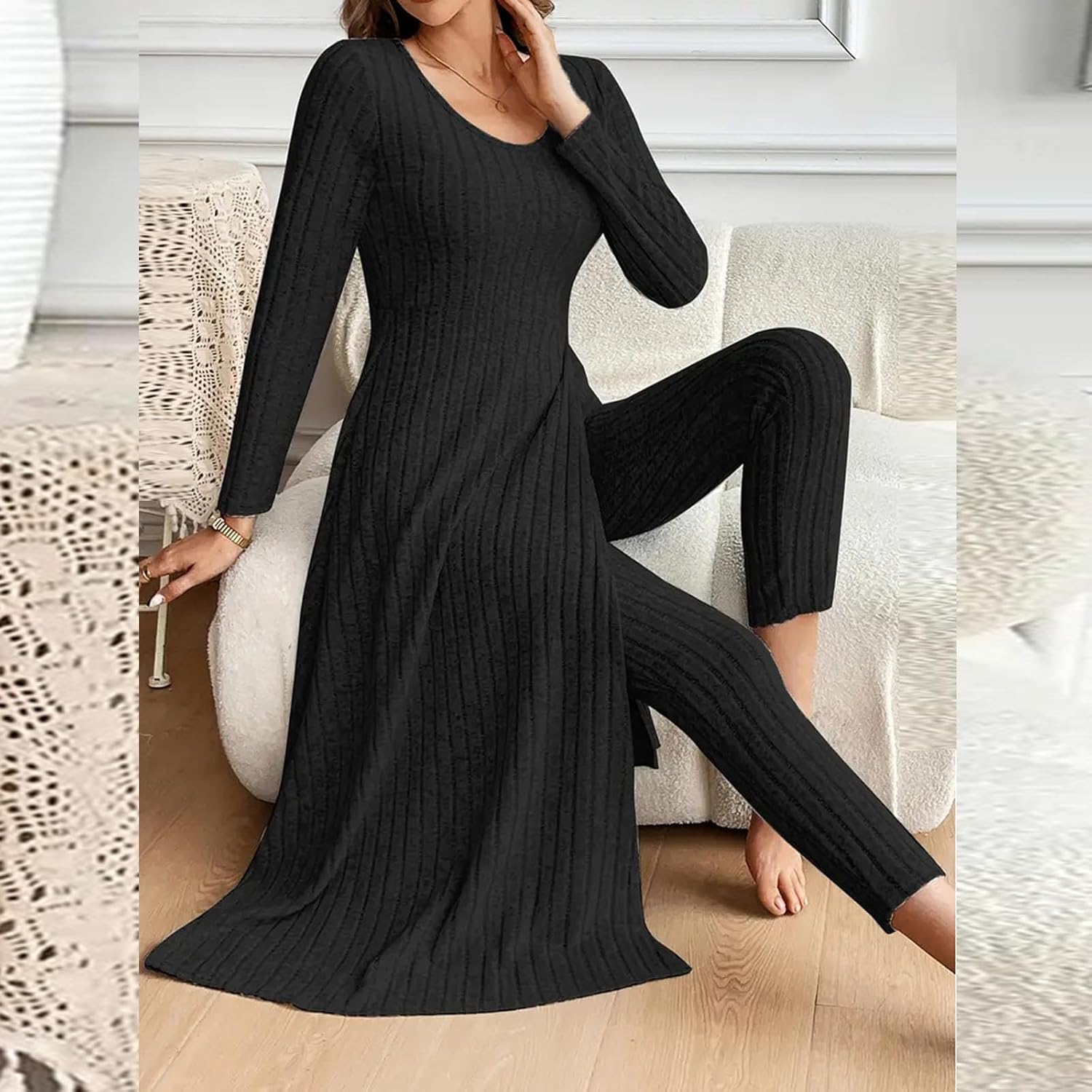 Womens Rib Knit Pajamas Lounge Sets Long Sleeve High Slit Sleep Dress and Long Pants Matching Sleepwear Loungewear
