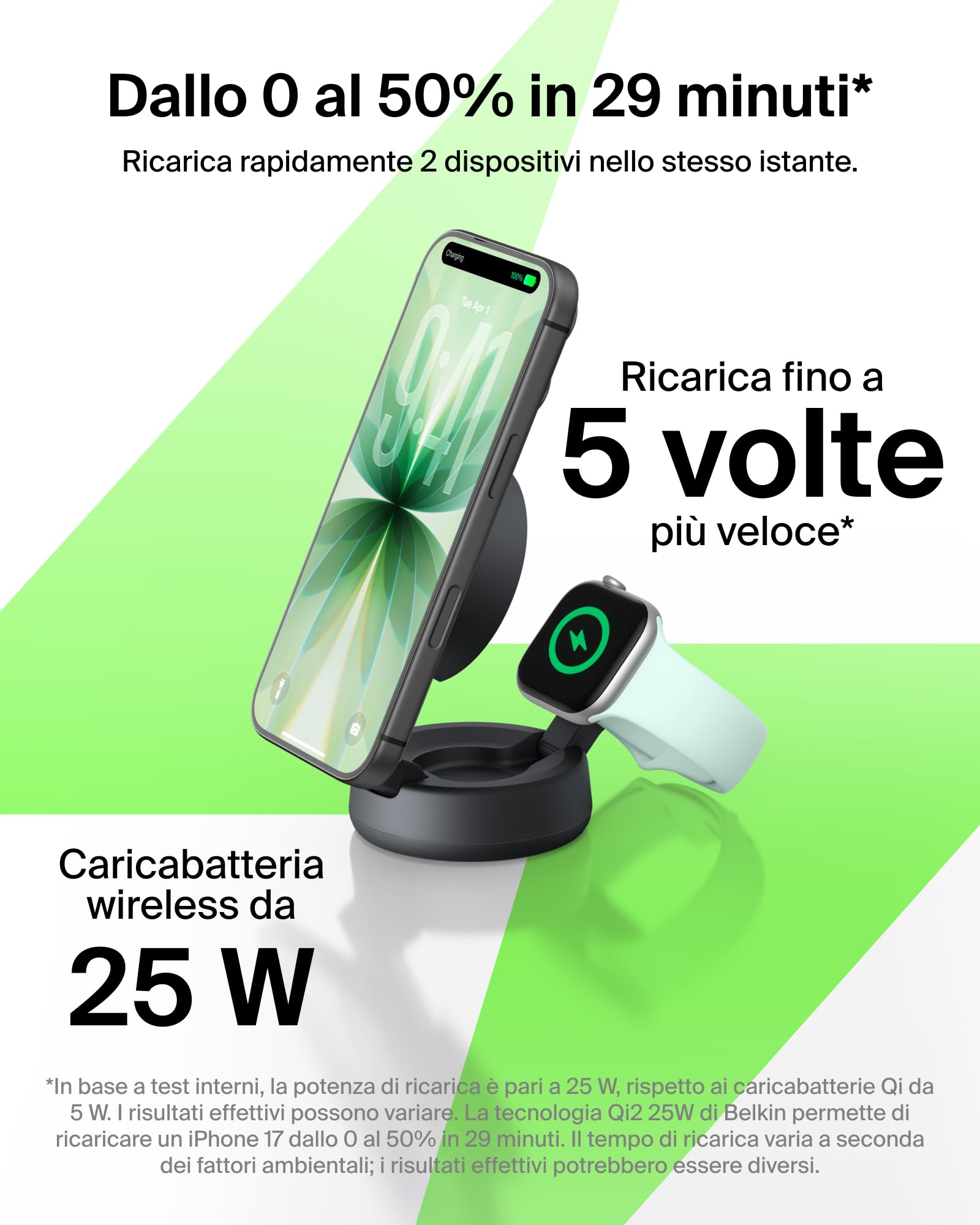 Belkin UltraCharge Pro Caricatore Wireless Qi2 25W 2 in 1 - Nero | Caricatore Wireless Magnetico Convertibile MagSafe, Certificato Qi2.2 per iPhone, Apple Watch, Auricolari, Alimentatore 45W