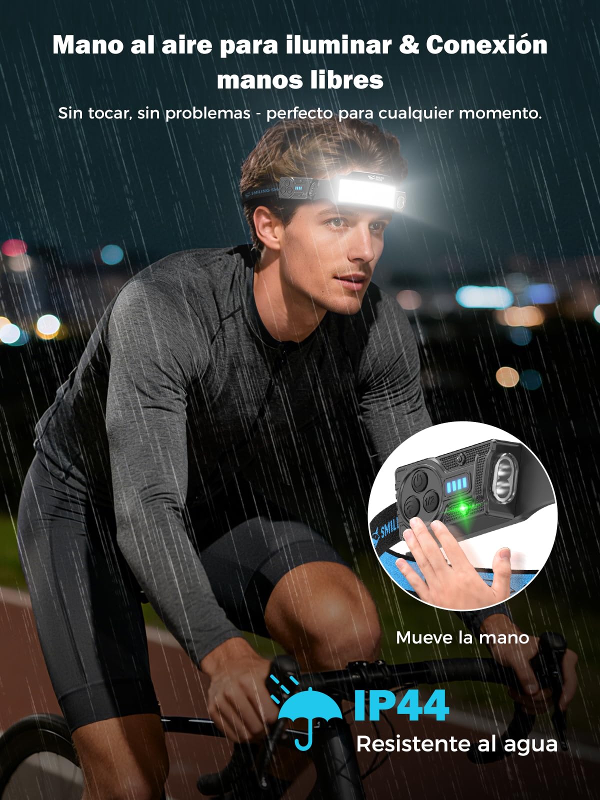 Smiling Shark Linterna Frontal, Brillante Linternas Cabeza LED Recargable con 6 Haz Ancho & Foco Ajustable Sensor de Movimiento 6 Modos 2400 mAh Lámpara Cabeza para Ciclismo Pesca Camping Correr