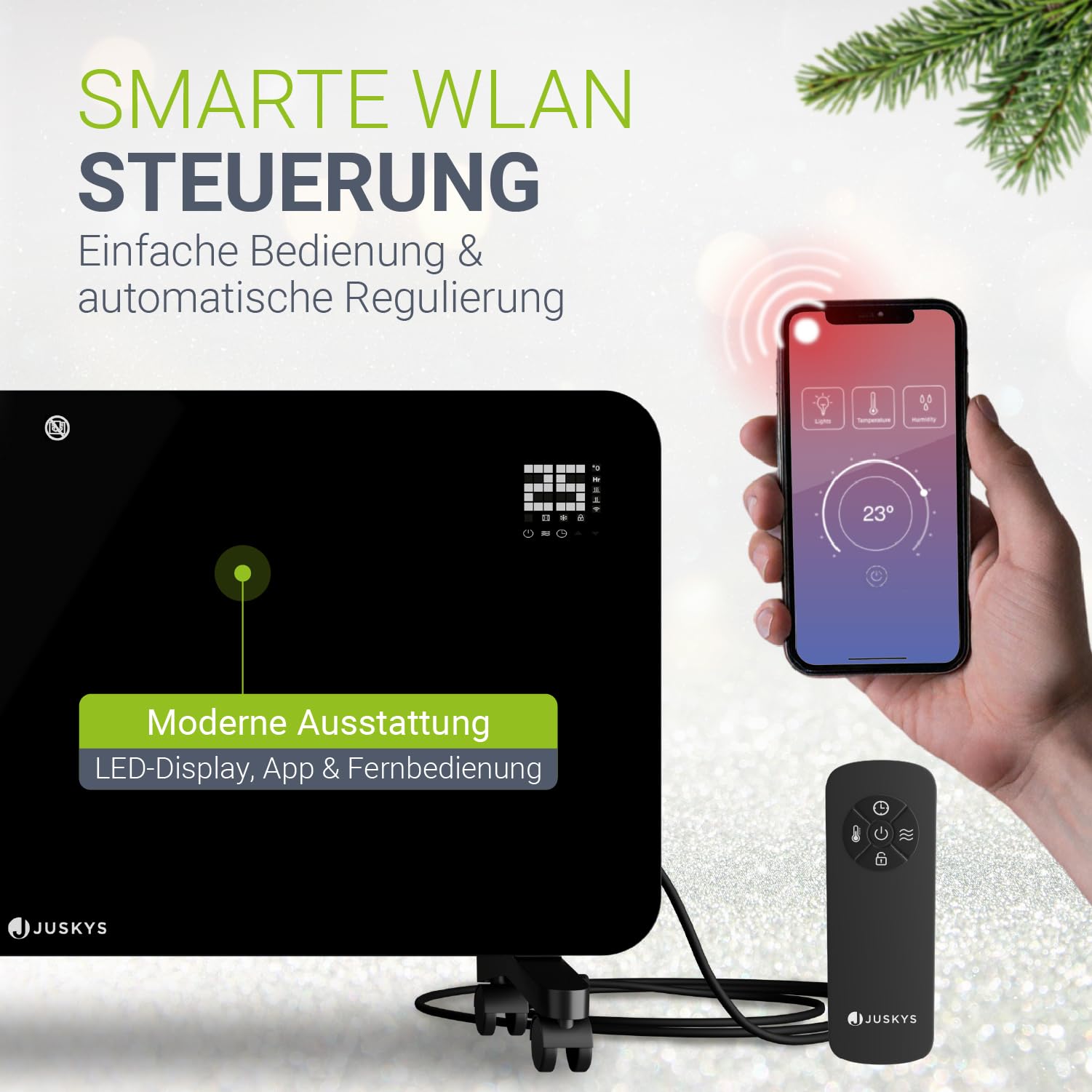 Juskys Glasheizung 2000W Glaskonvektor, Elektroheizung, App-Steuerung, LED-Display, Timer, Wand- & Standgerät mit Fernbedienung