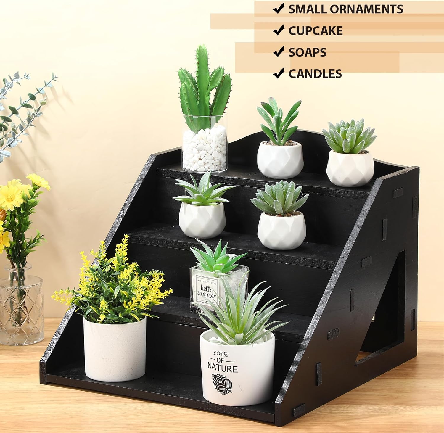 Jetec 4 Tier Wood Cupcake Display Stands Retail Wooden Craft Fair Display Riser Rustic Dessert Holder Rack Soap Stand for Craft Show Baby Shower Cupcakes Candy Wedding Party(Black)