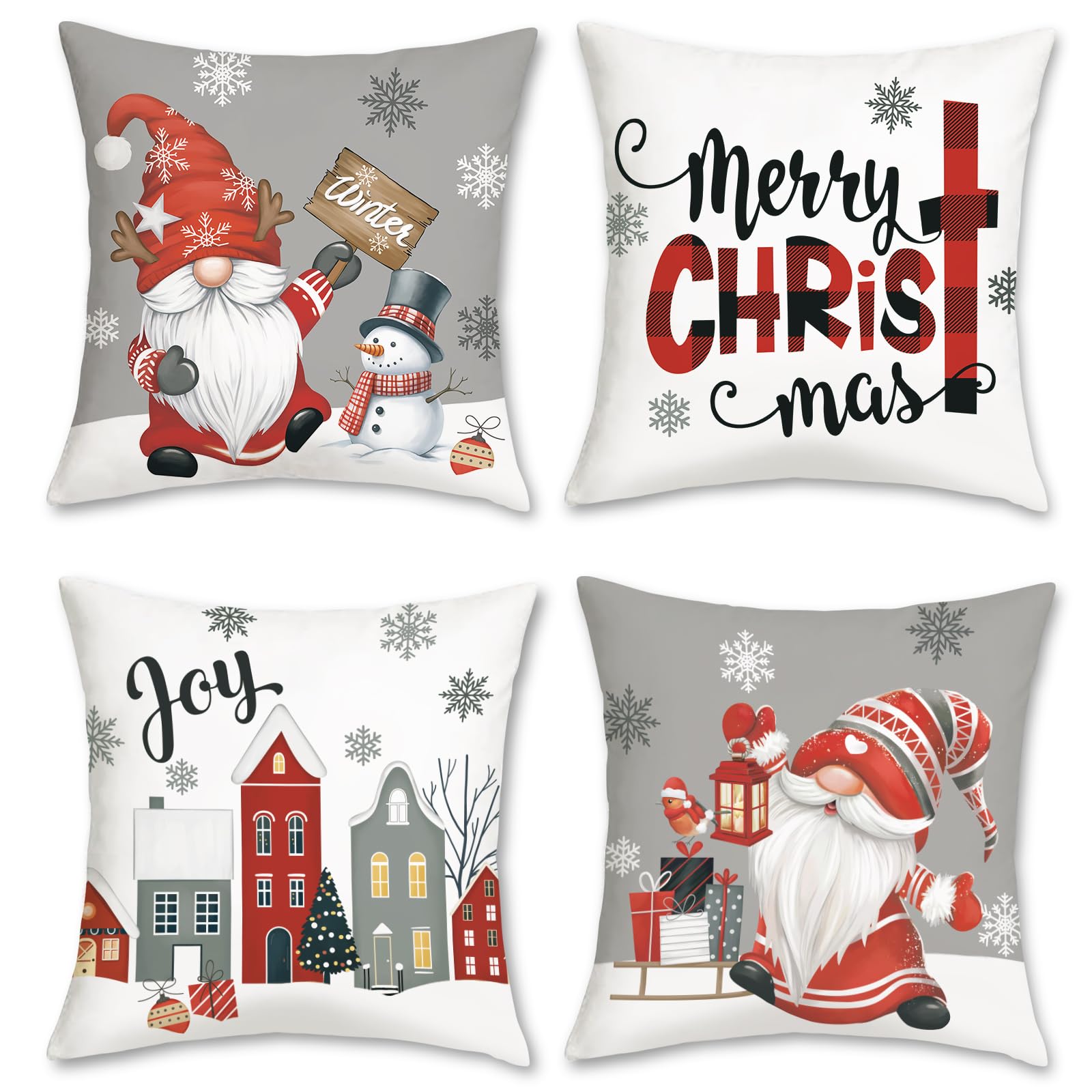 Bonhause Christmas Gnome Cushion Covers 45 x 45 cm Merry Christmas Tree Red Truck Decorative Throw Pillow Covers Polyester Linen Pillowcases for Sofa Bed Winter Xmas Decor Set of 4