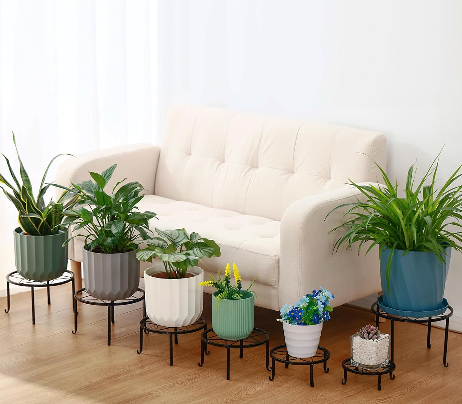 6-pack 9" Large Metal Plant Stands Indoor Outdoor Rustproof Iron Potted Plant Holder Heavy-duty Round Flower Pot Riser Shelf for Garden Patio Corner Stand with Clear Water Tray