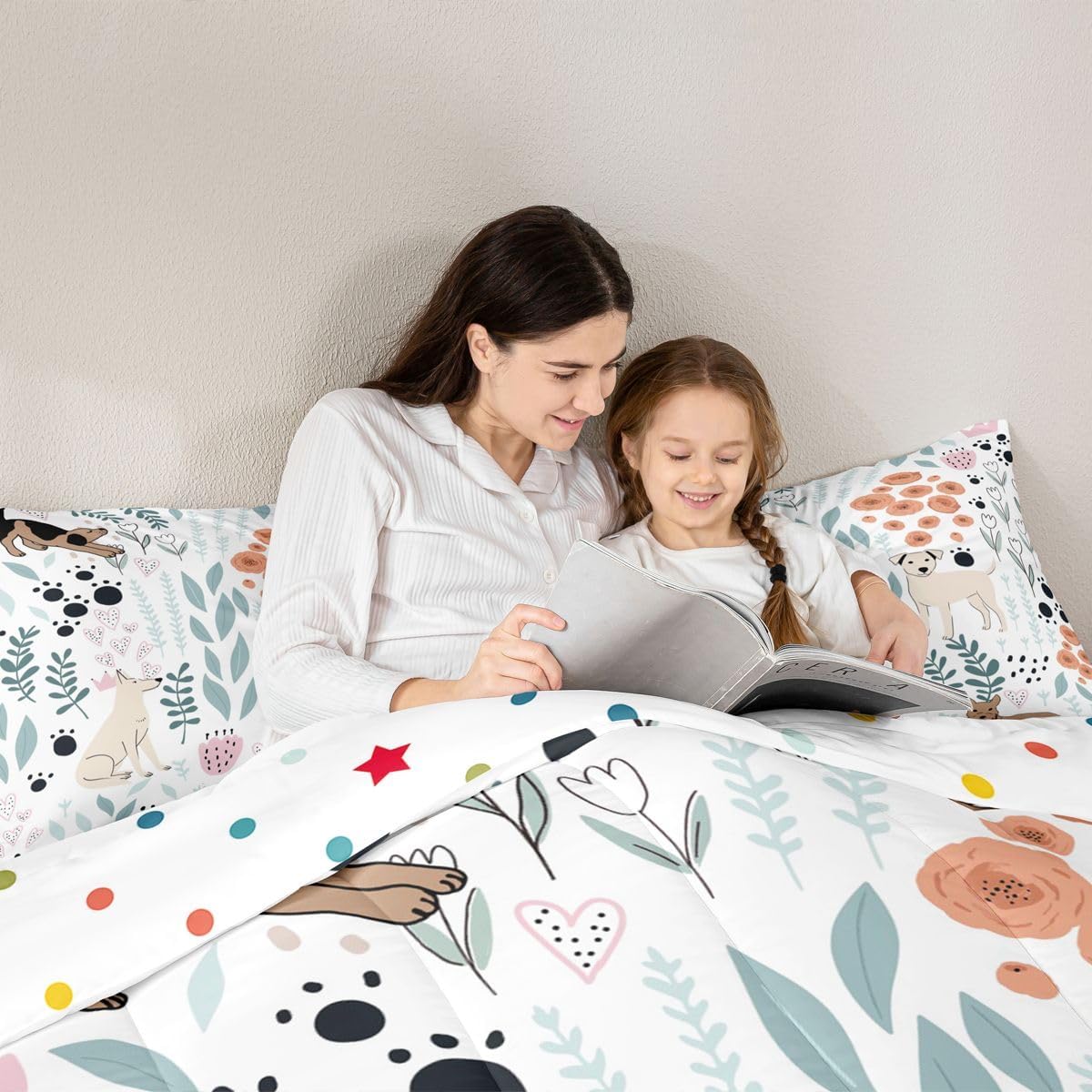 Erosebridal Kawaii Dog Comforter Set,Cartoon Puppy Dog Bedding Set Full,Cute Love Heart Leaves Flowers Comforter Set for Kids Girls Boys,Paw Print Pet Animal Quilt Duvet Insert with 2 Pillow Cases