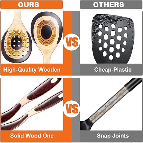 Miniatura 4 de Juego de 7 utensilios de cocina de madera de Pakkawood para cocinar, cucharas de madera para cocinar, seguro, ecológico, antiadherente, utensilios