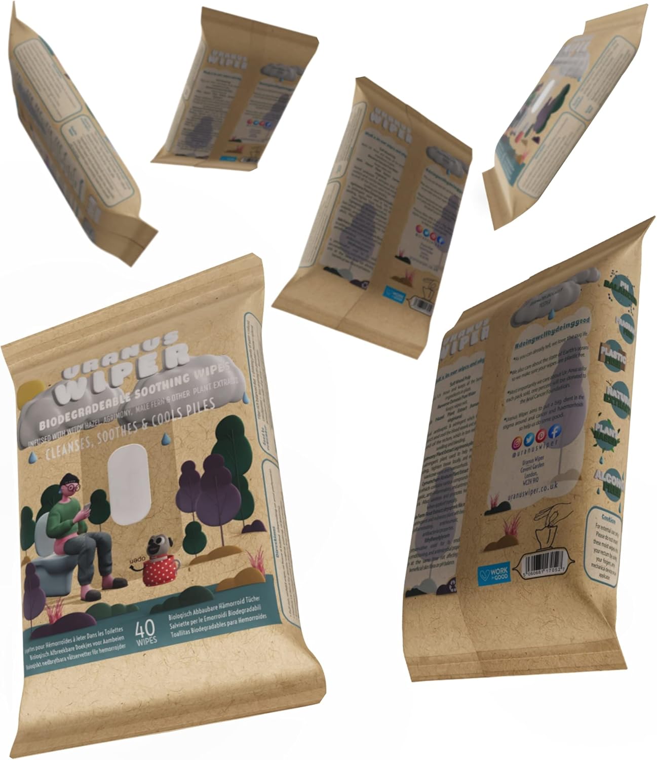 URANUS WIPER Haemorrhoid Wipes, 40'S (Pack of 6), Flushable with Witch Hazel & Natural Extracts. Calming