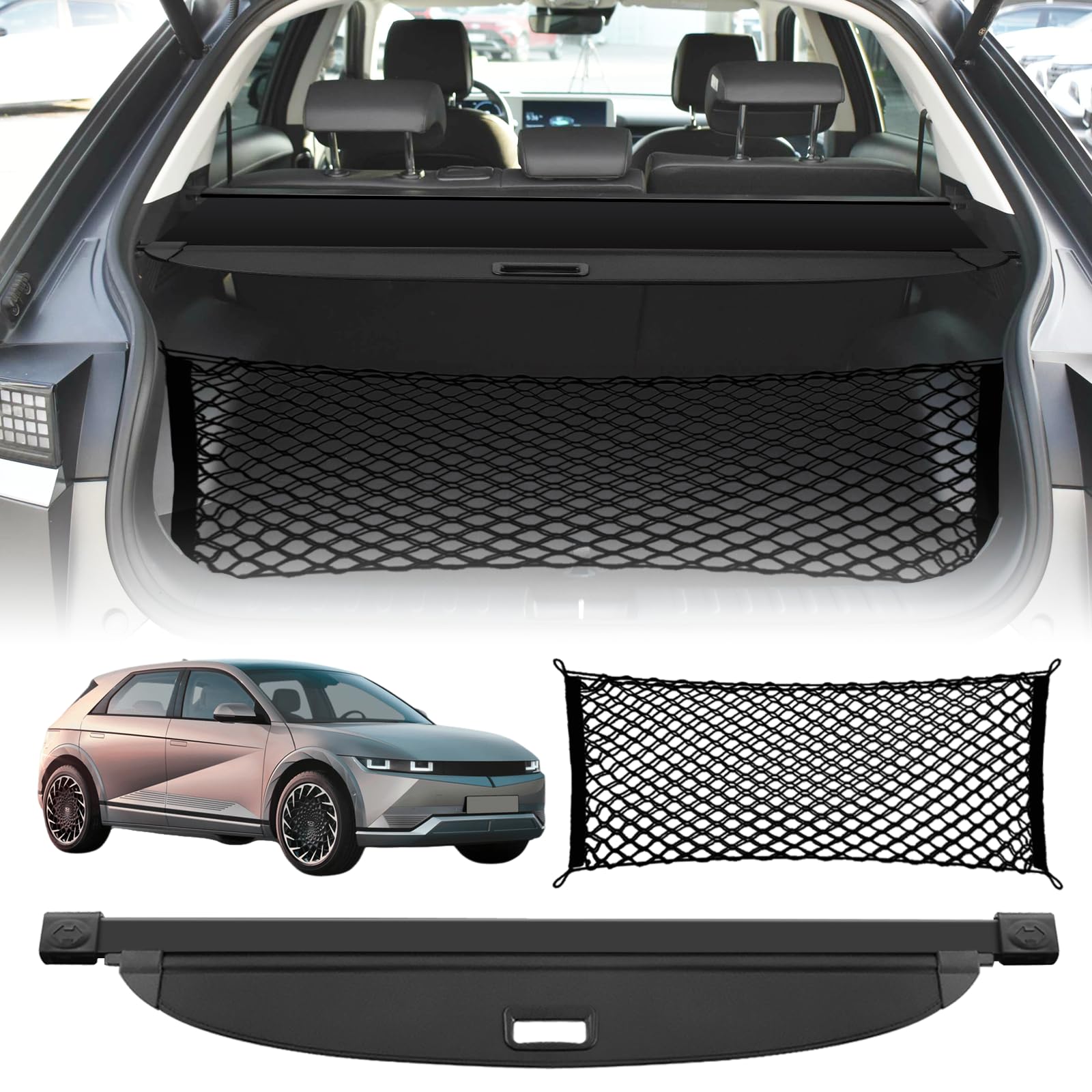Photo 1 of for Hyundai Ioniq 5 Cargo Cover Trunk Cover - Tesmirror Retractable Cargo Cover for Hyundai Ioniq 5 2026 2025 Accessories 2022-2024 Trunk Security Shade Luggage Security Shield Shade(with Trunk Net)