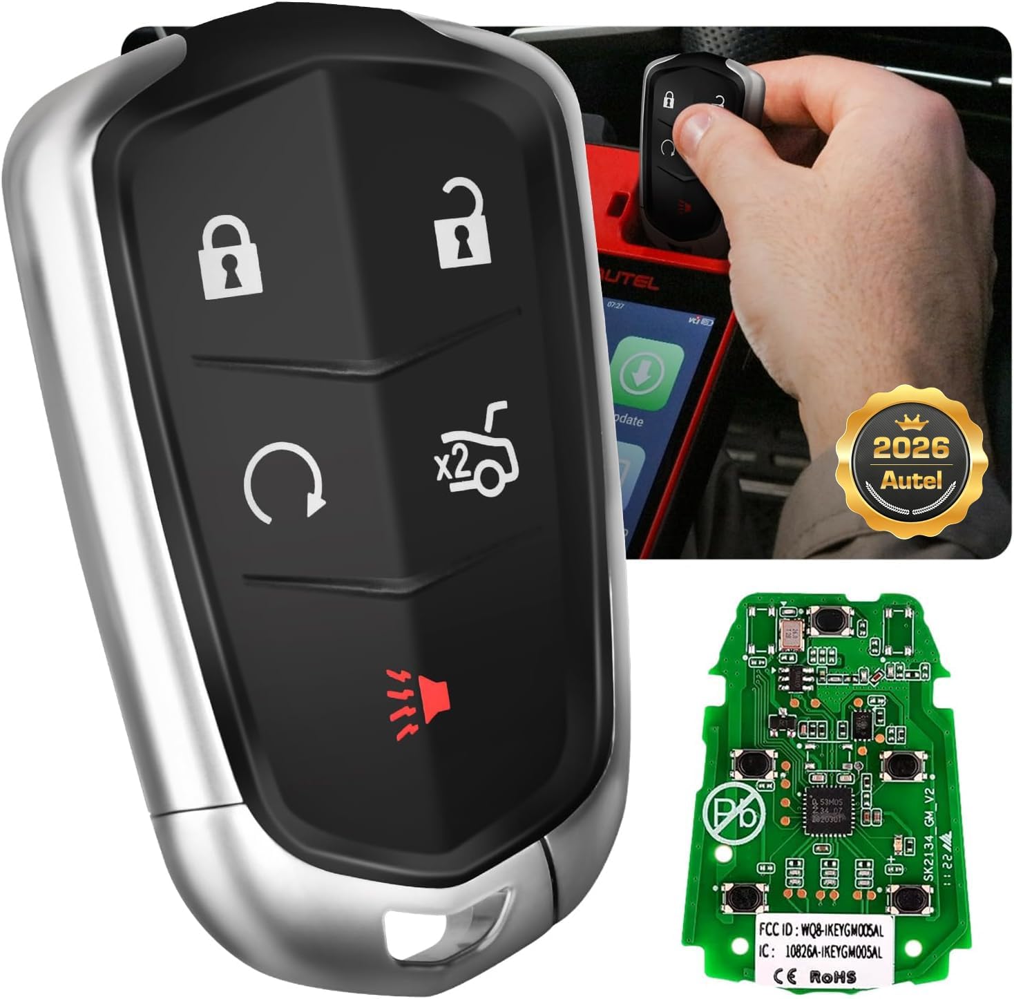 2026 Autel MaxiIM IKEYGM005AL Programmable Blank Key, Fit for GM-Cadillac GMC Chevrolet Chevy, 5 Buttons Keyless Entry Replacement, 130FT Remote, Trunk, Work with Autel KM100, M508S, IM608 PRO II