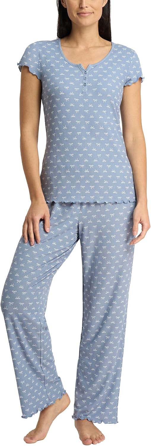 Laura Ashley Women's Pajamas 2 Piece Ribbed Knit Short Sleeve Henley Top and Pants PJ Set