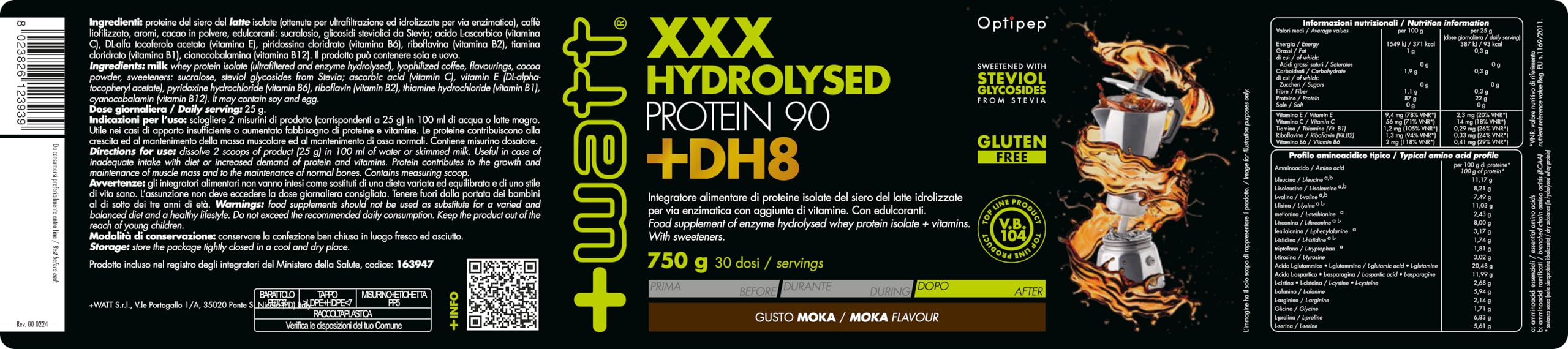 XXX HYDROLYSED PROTEIN 90 +DH8 - Integratore alimentare di proteine del siero del latte idrolizzate e vitamine.