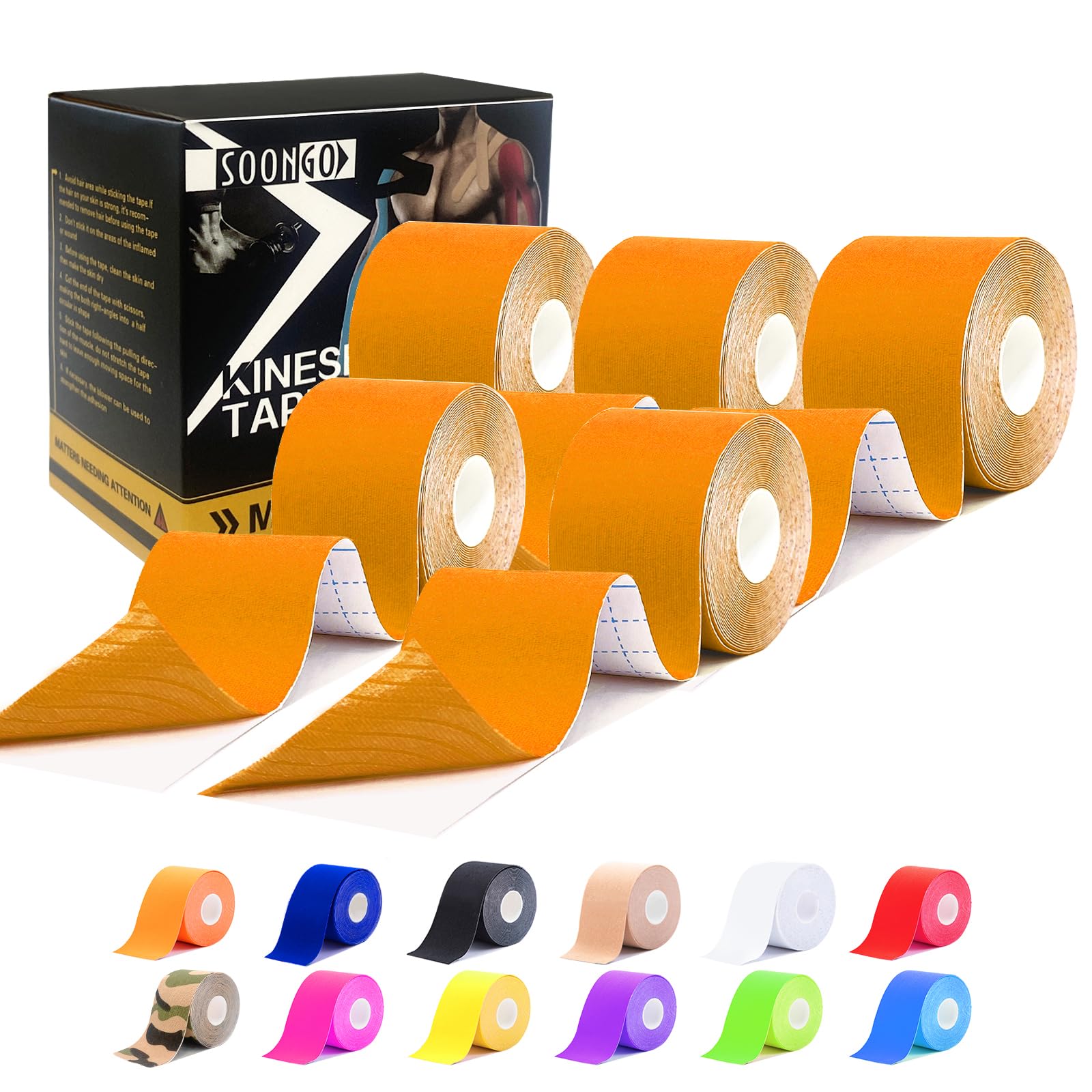 SOONGO - Nastro kinesiologico 1/2/5 rotoli per alleviare dolori muscolari e tensione, spalle, polsi, ginocchia, caviglie, elastico, impermeabile, buona permeabilità all'aria, ipoallergenico, 5
