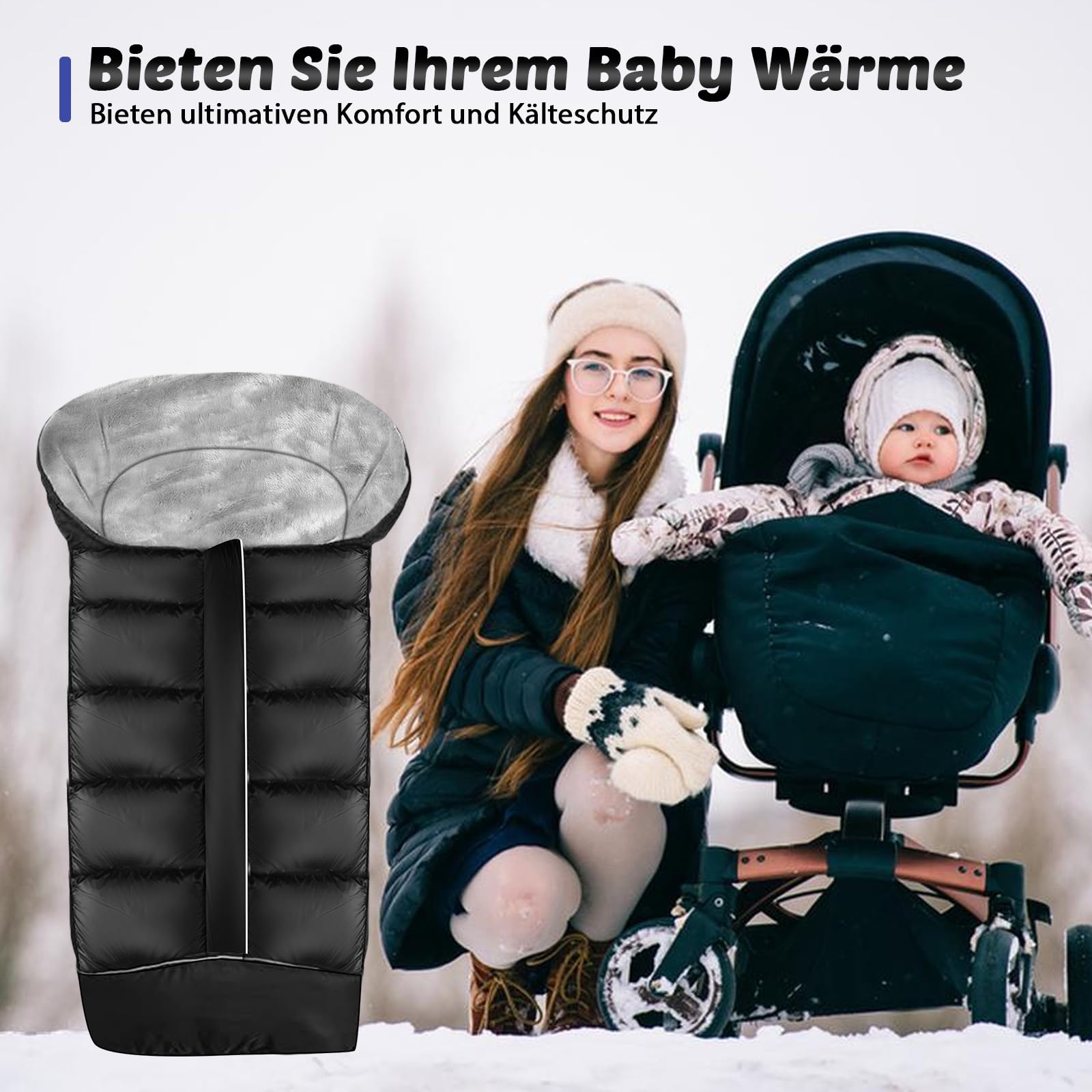Sacco Coprigambe Invernale per Passeggino HOSPAOP, Universale per Bambini, con Cerniera, Strisce Riflettenti, Impermeabile per Sportwagen Jogger Buggy, Nero