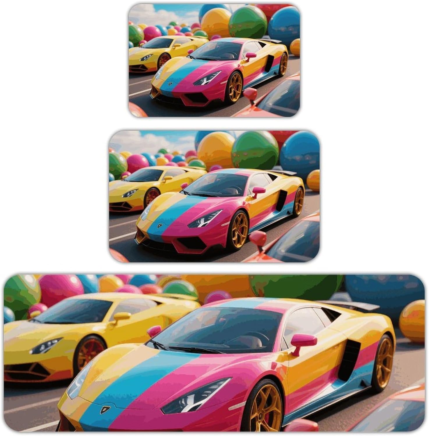 Colorful Balls & Cars Kitchen Mats for Floor 3 Pcs Kitchen Rugs