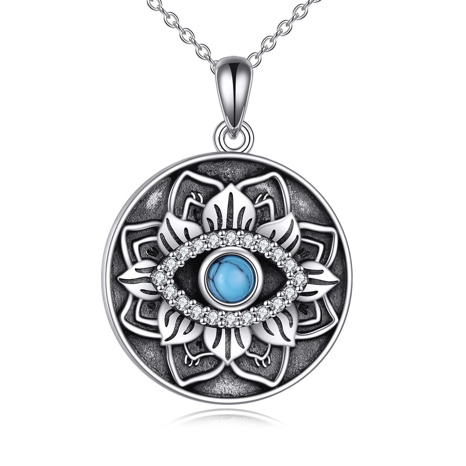 VONALA Collar de ojo turco de loto de plata de ley 925 con colgante de flor de loto, joyería griega de mal de ojo para mujeres y niñas, Plata esterlina, Turquesa
